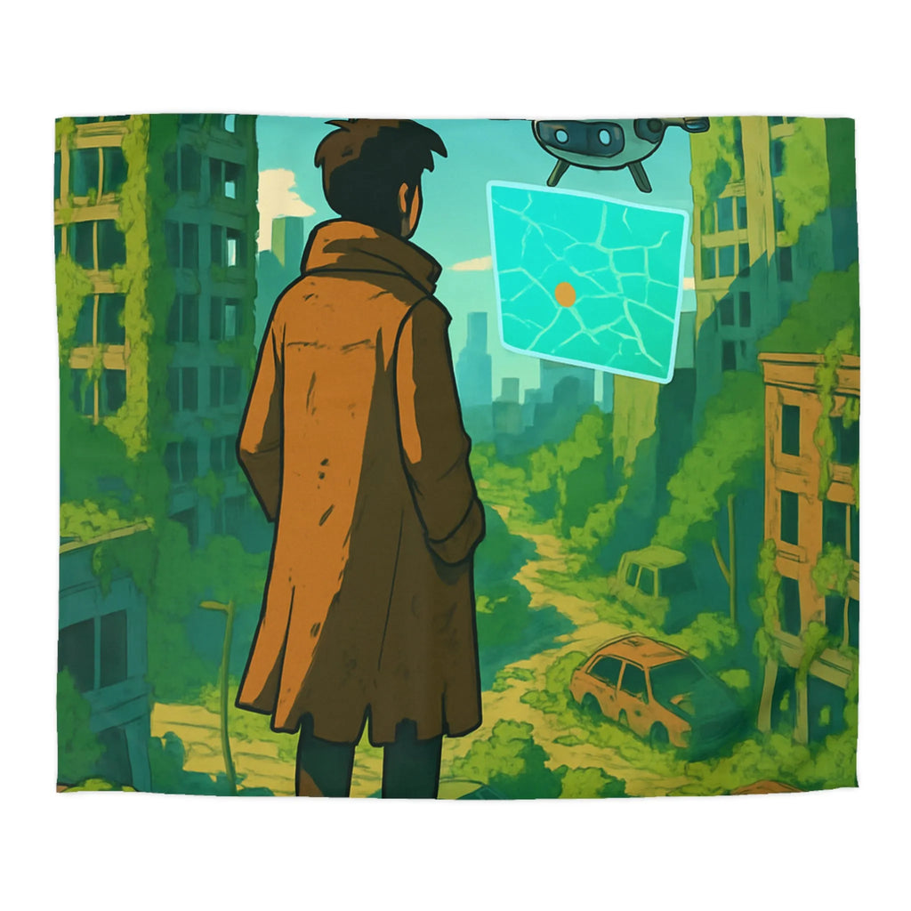 Housse de couette aventure post-apocalyptique avec drone et carte, style urbain nature