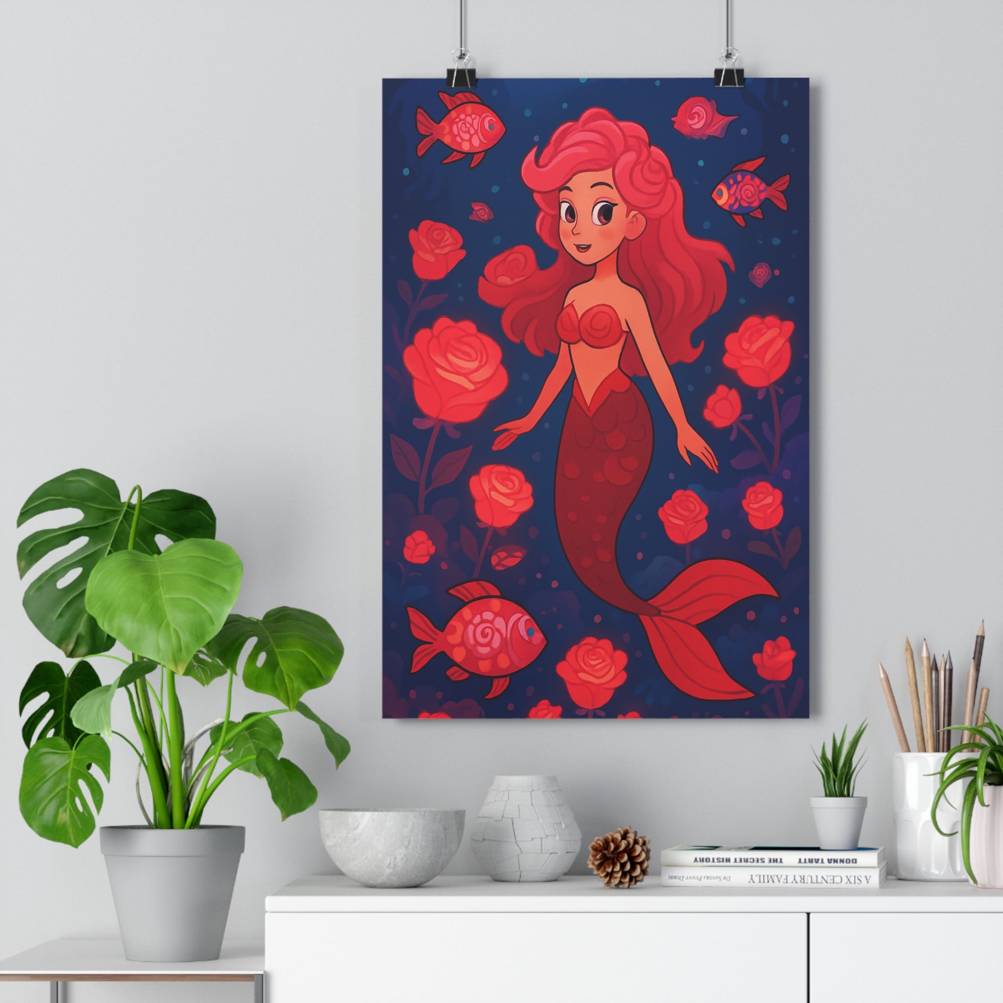 Poster décoratif sirène féerique rose bleu cartoon enfant chambre fantaisie floral vibrant océan qualité