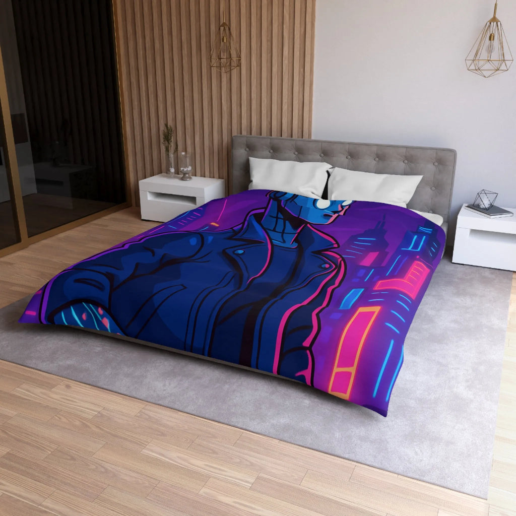 Housse de couette bleu nuit motif rétro-futuriste avec robot et gratte-ciel néon