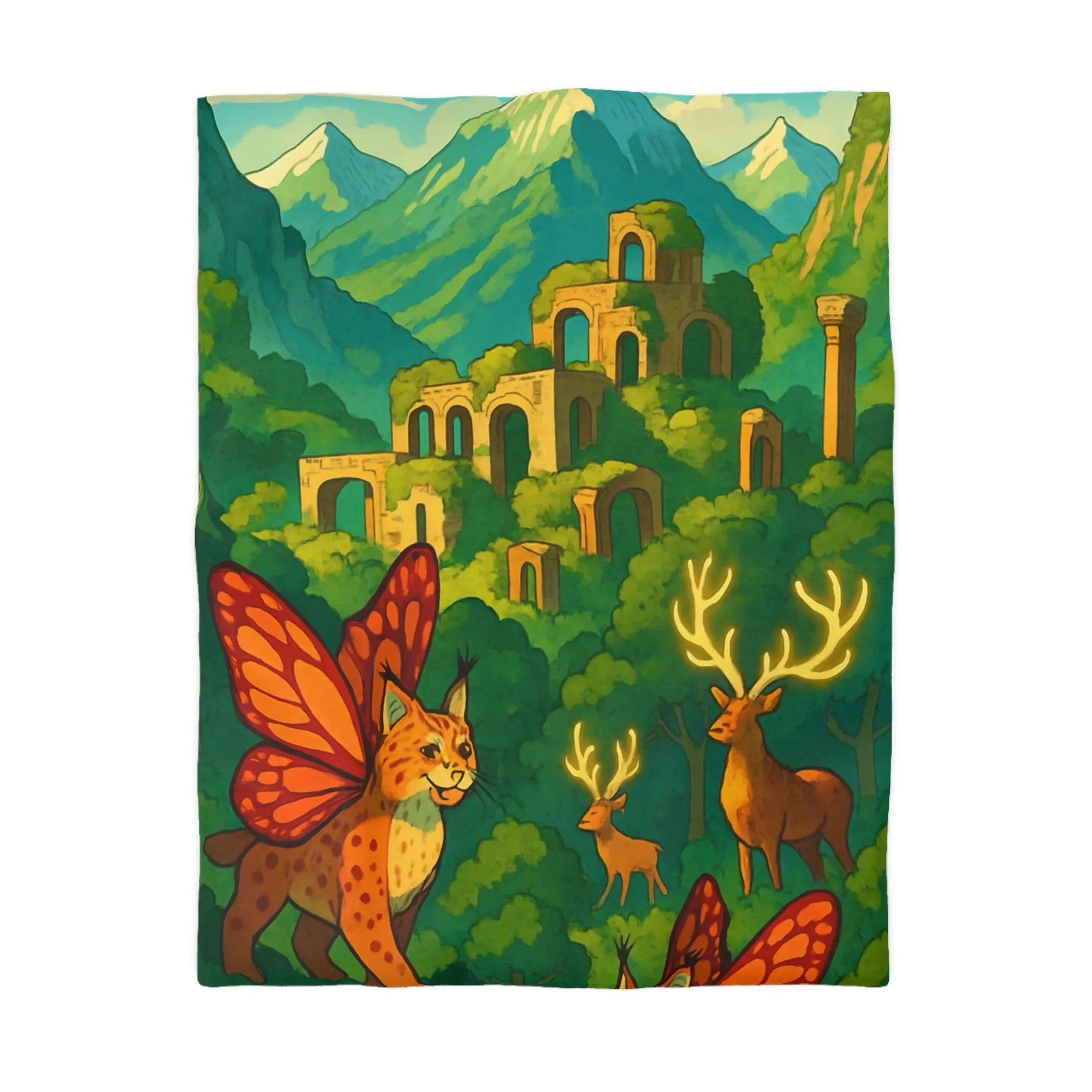 Housse de couette avec lynx ailés et ruines mystiques en montagne colorée