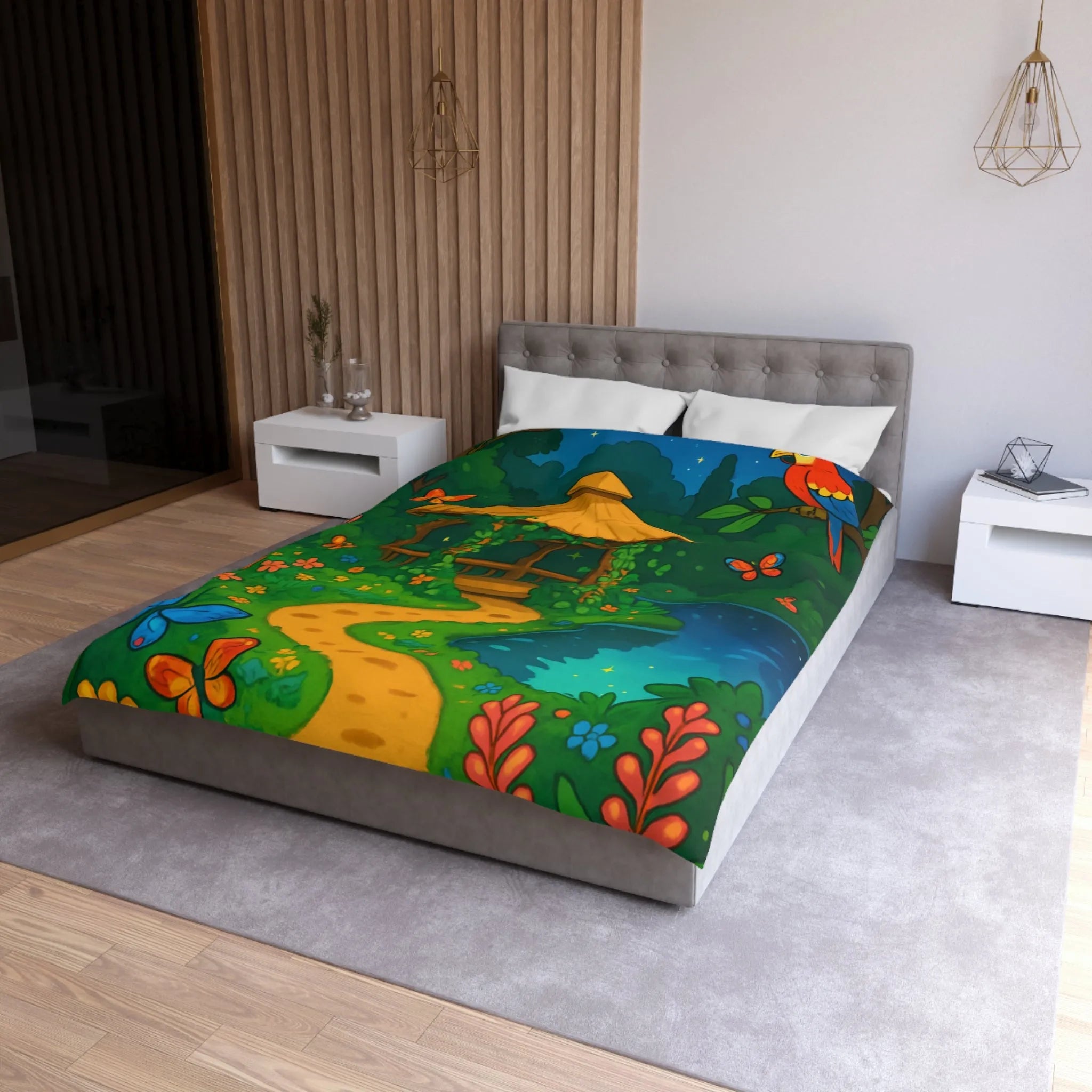 Housse de Couette Illustrée, Forêt Tropicale Nocturne avec Oiseaux et Papillons Colorés