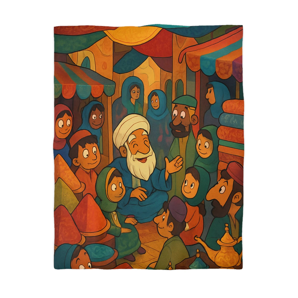 Housse de Couette Colorée Illustrant un Marché Animé avec Scène de Conteurs Traditionnels