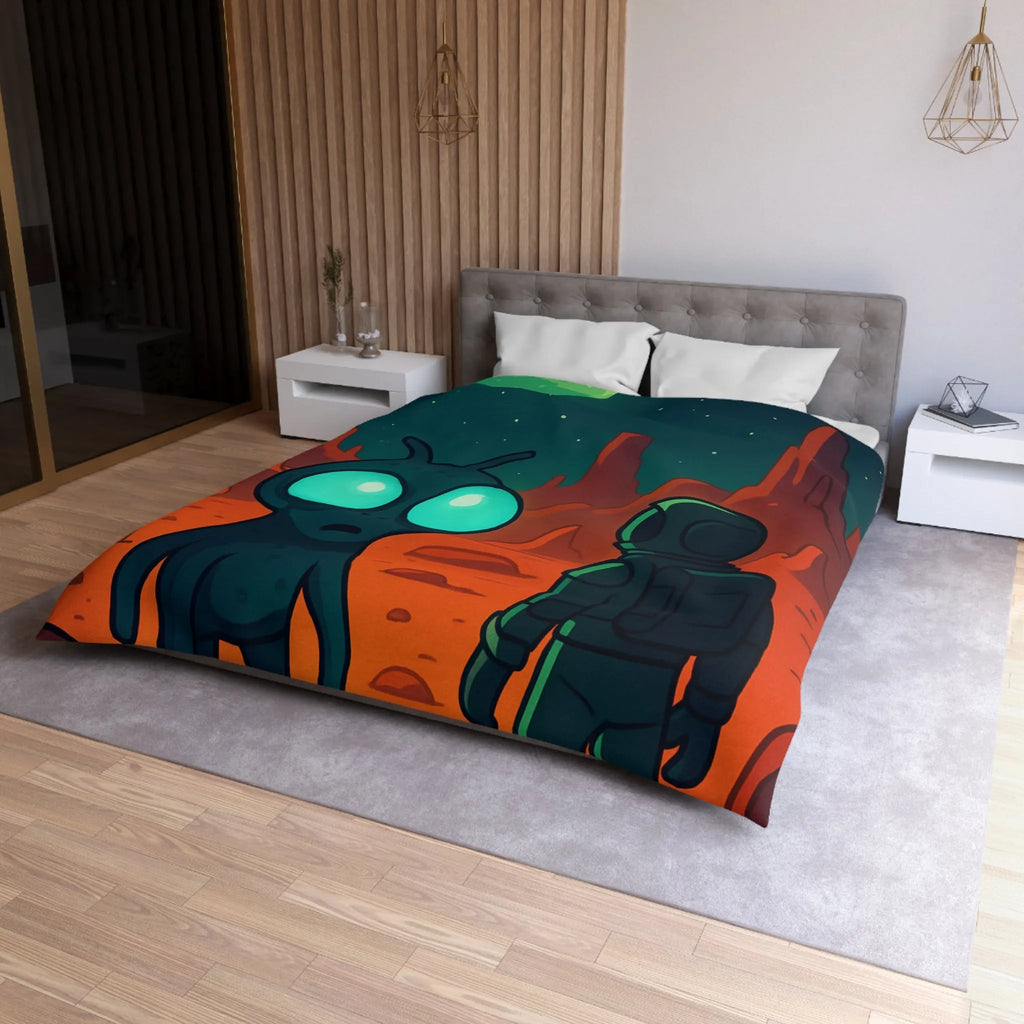 Housse de couette extraterrestre et astronaute sur fond de paysage lunaire mythique