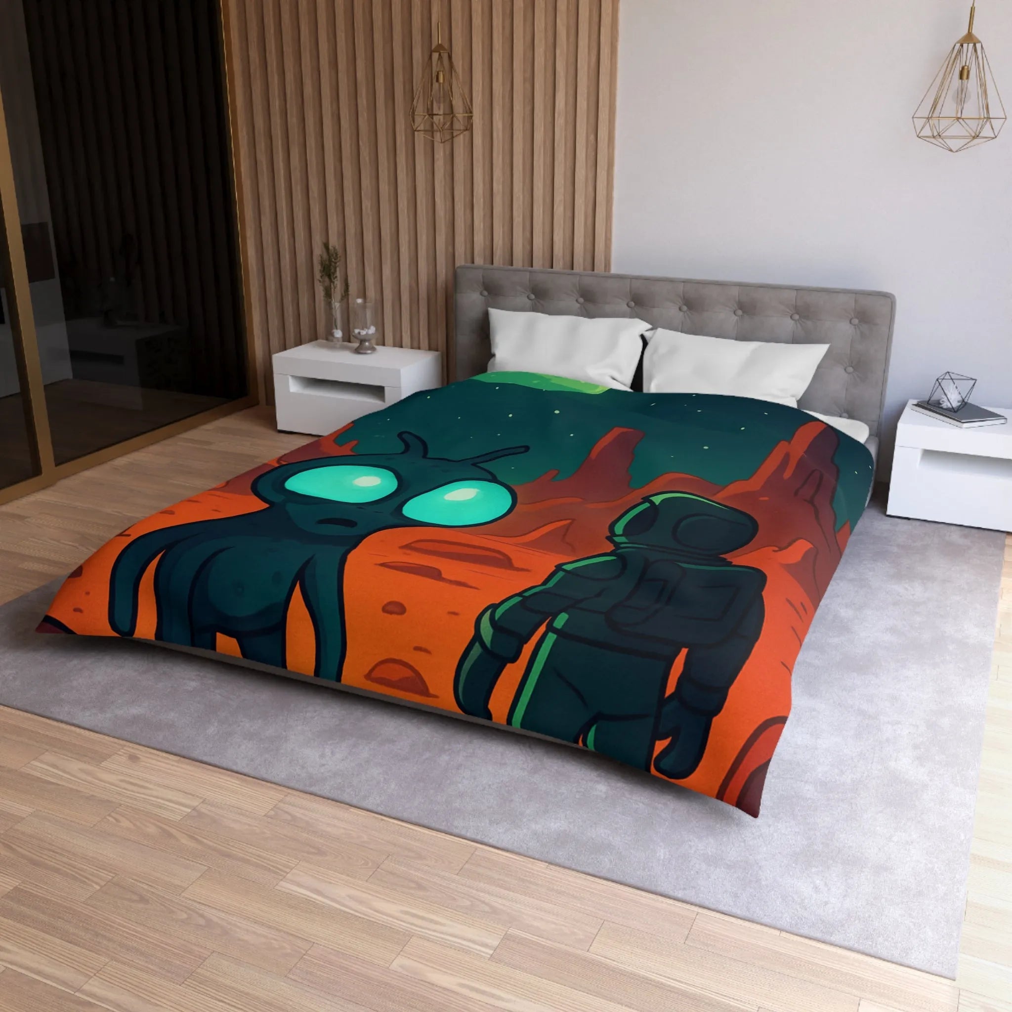 Housse de couette extraterrestre et astronaute sur fond de paysage lunaire mythique