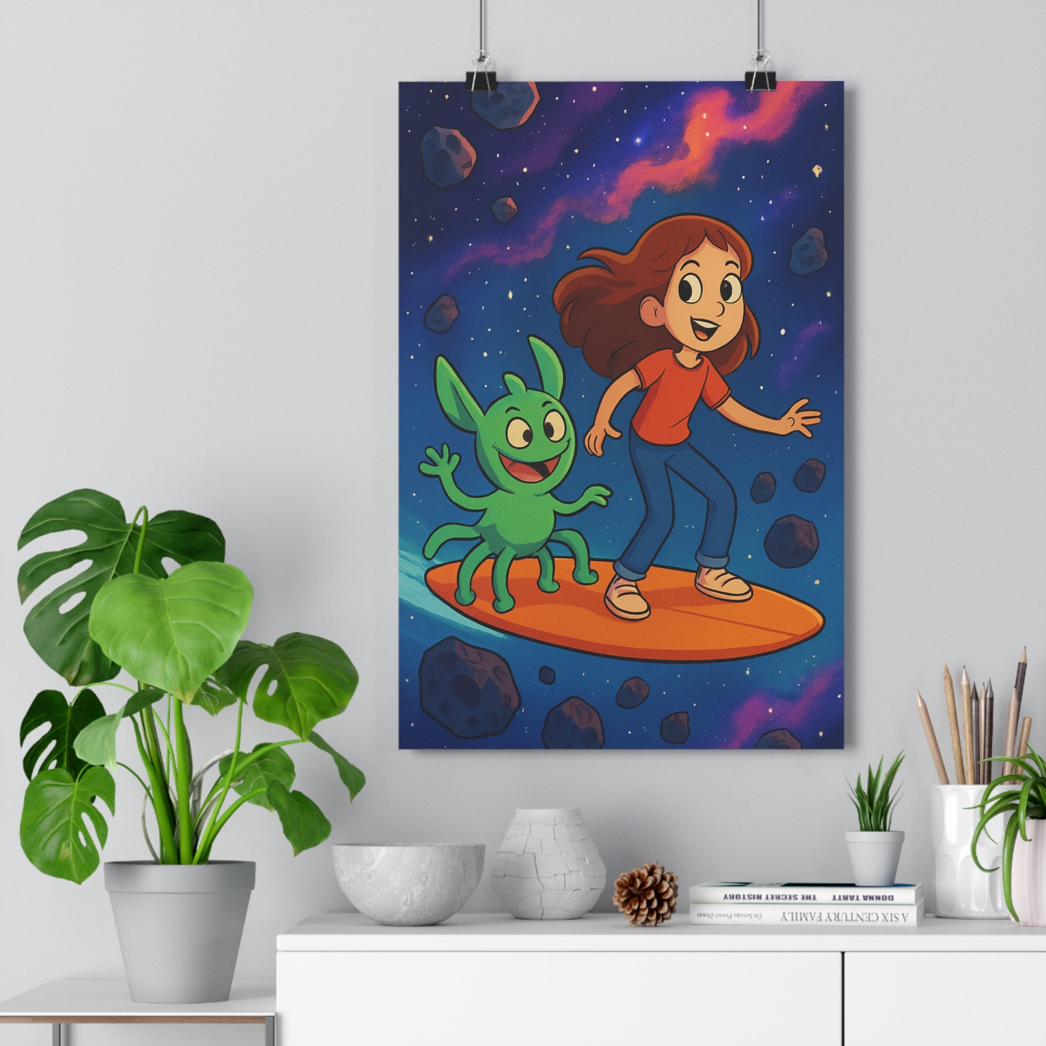 Poster décoratif cartoon sciencefiction bleu rose enfant aventure chambre ludique créature fille voyage étoilé