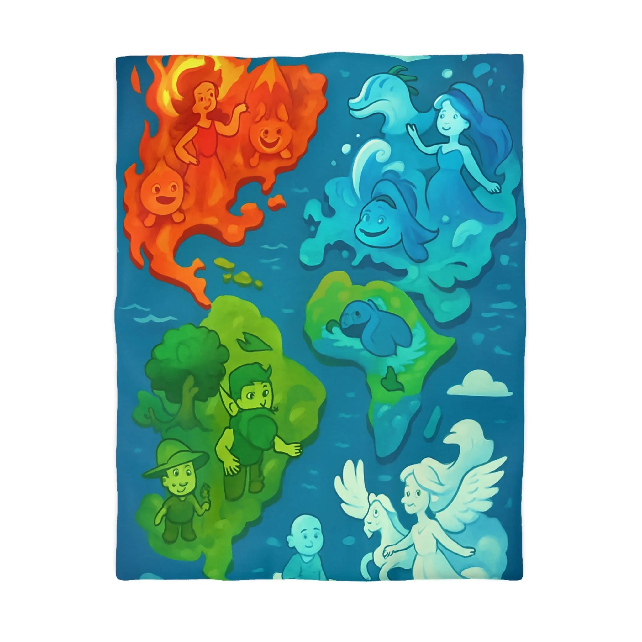 Housse de couette colorée avec illustration ludique des éléments naturels en harmonie