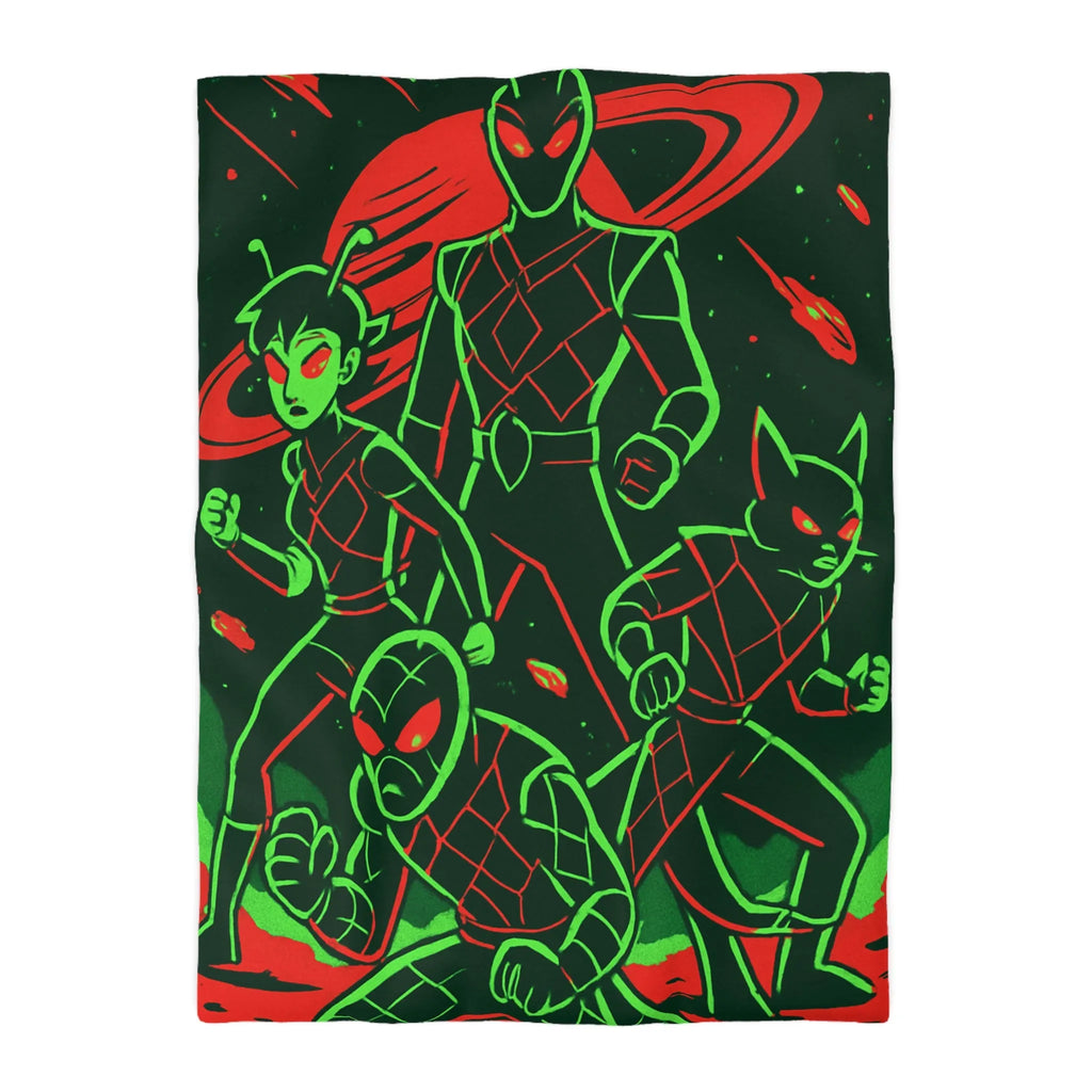 Housse de Couette Espace Vert Fluo Avec Quatre Héros En Pleine Action Rouge Noir