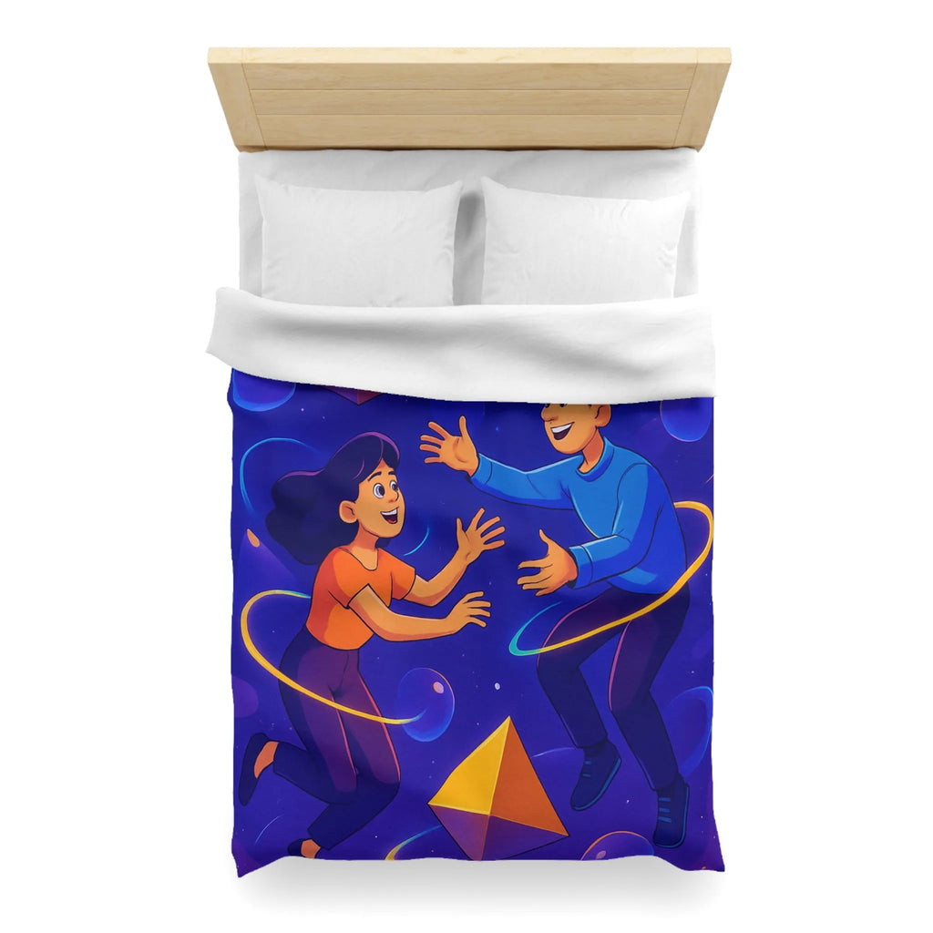 Housse de Couette Design Géométrique Magnifique avec Personnages Colorés et Éléments Spatiaux Vibrants