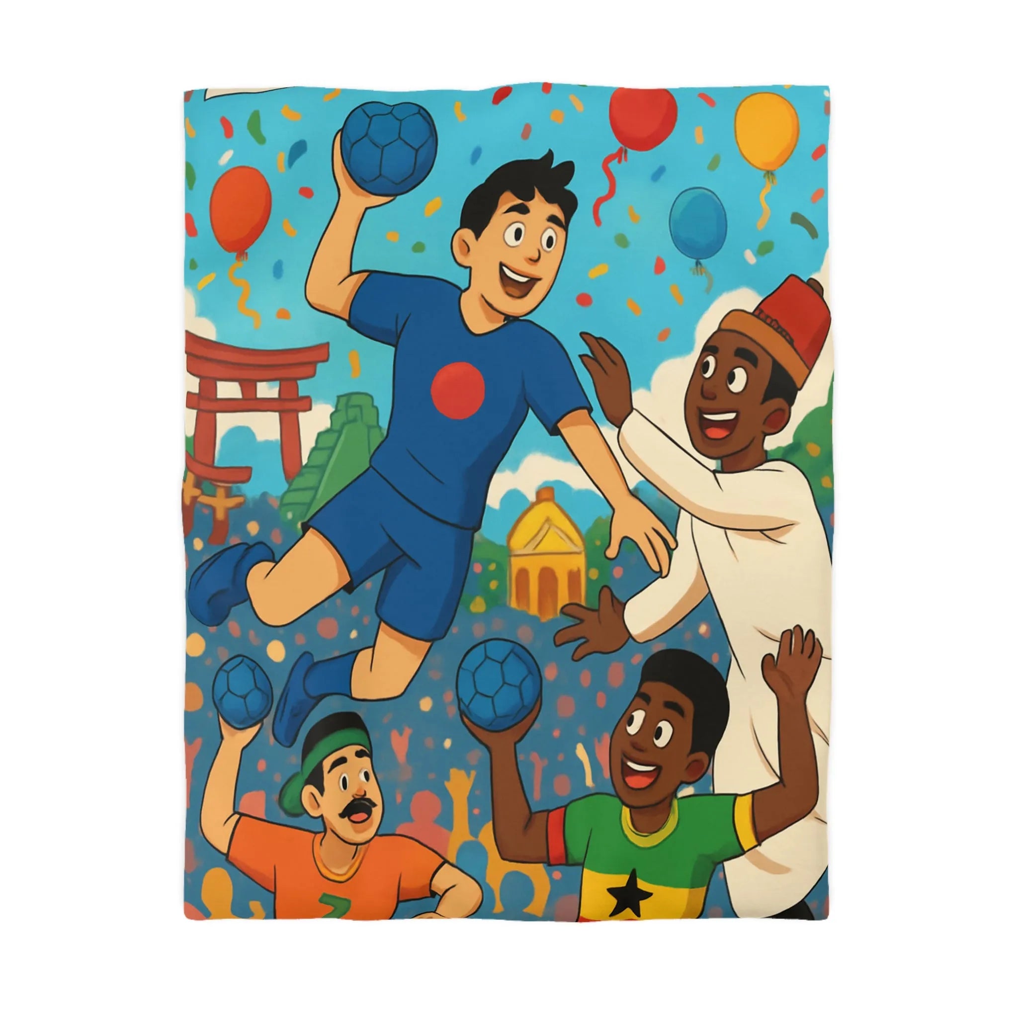 Housse de couette colorée célébrant la diversité multiculturelle avec ballons et drapeaux