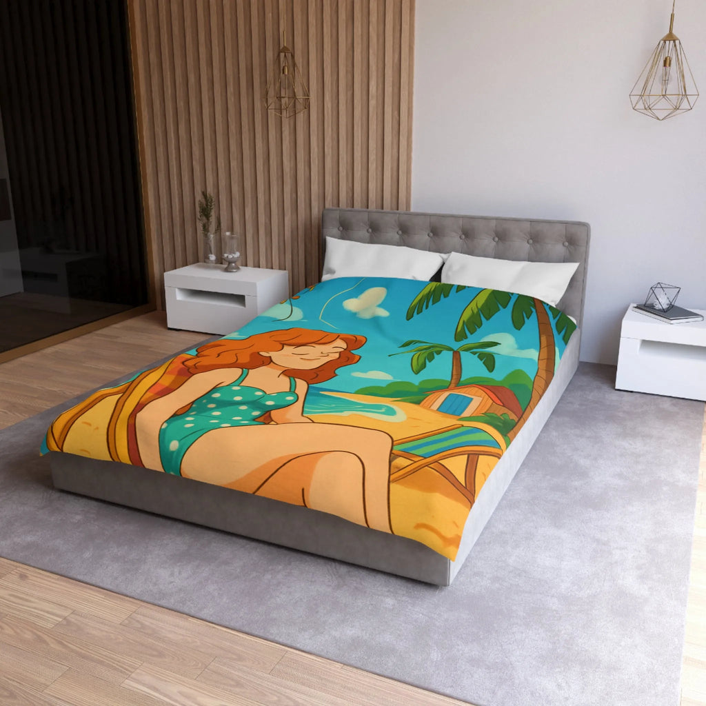 Housse de couette illustrée plage relaxante avec fille et cerf-volant coloré