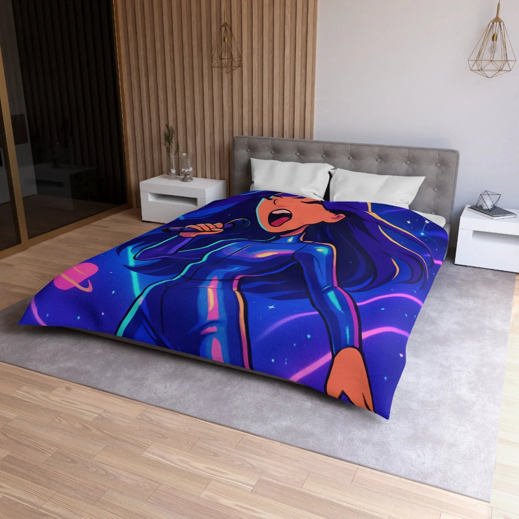 "Housse de couette galaxie: chanteuse en combinaison bleue avec planètes et étoiles brillantes"