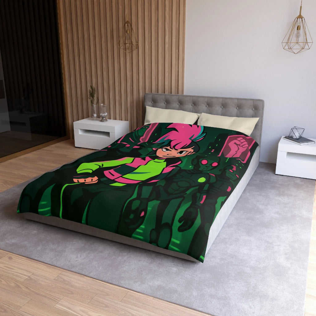 Housse de couette fluorescente cyberpunk avec motif de rébellion et paysage urbain futuriste