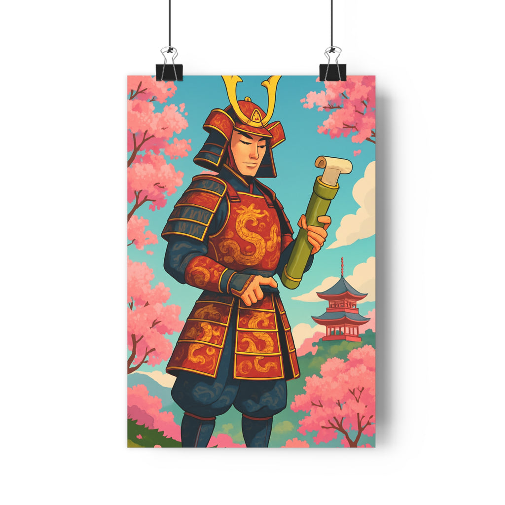 Poster décoratif samouraï rouge bleu art japonais traditionnel mystique paisible salon bureau ambiance temple