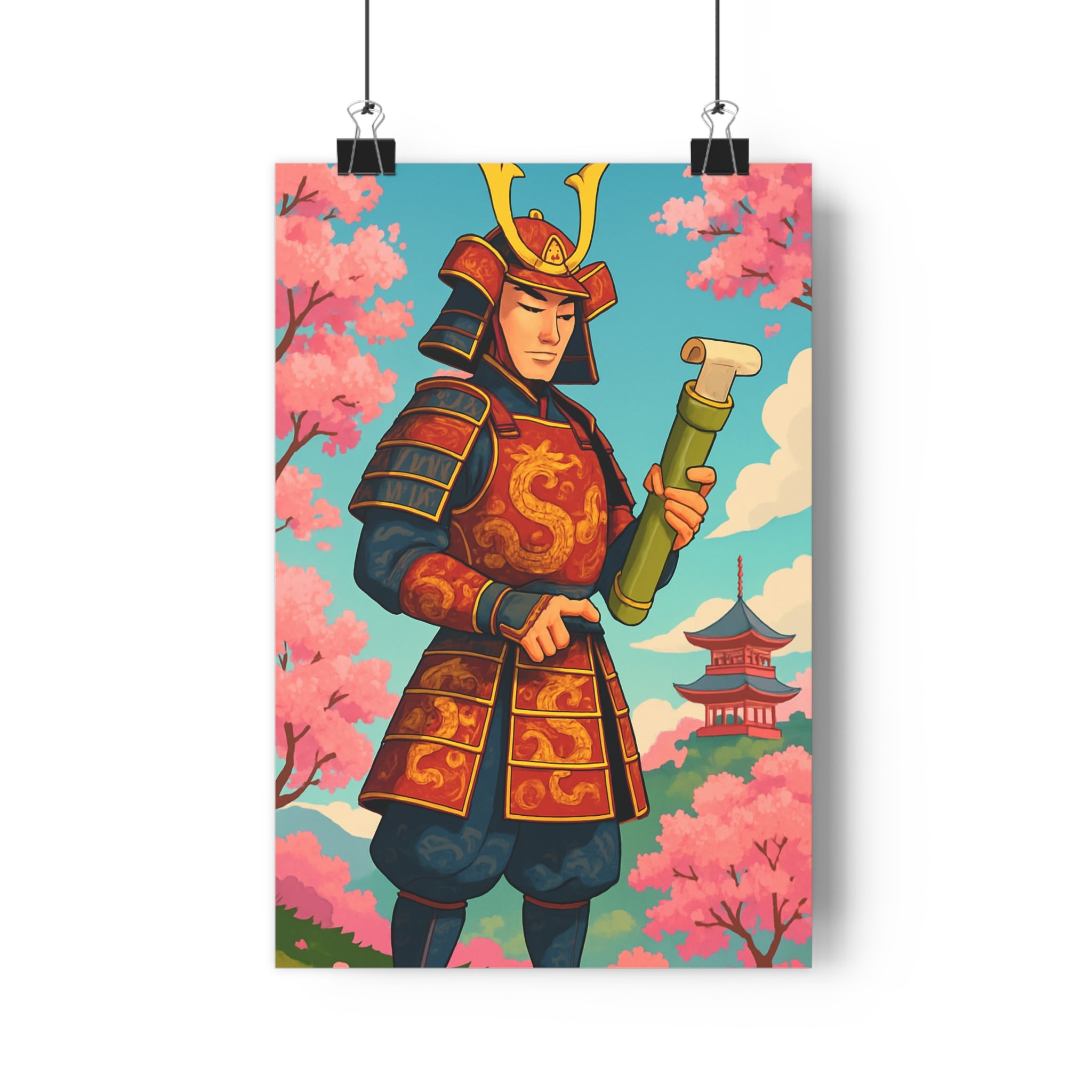 Poster décoratif samouraï rouge bleu art japonais traditionnel mystique paisible salon bureau ambiance temple