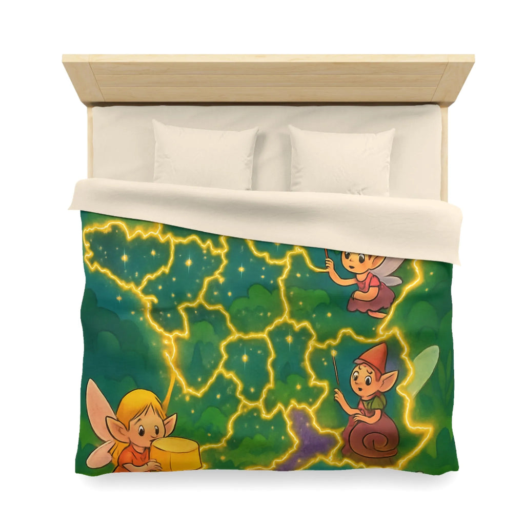 Housse de couette illustrée avec fées et lutins en carte de France enchantée