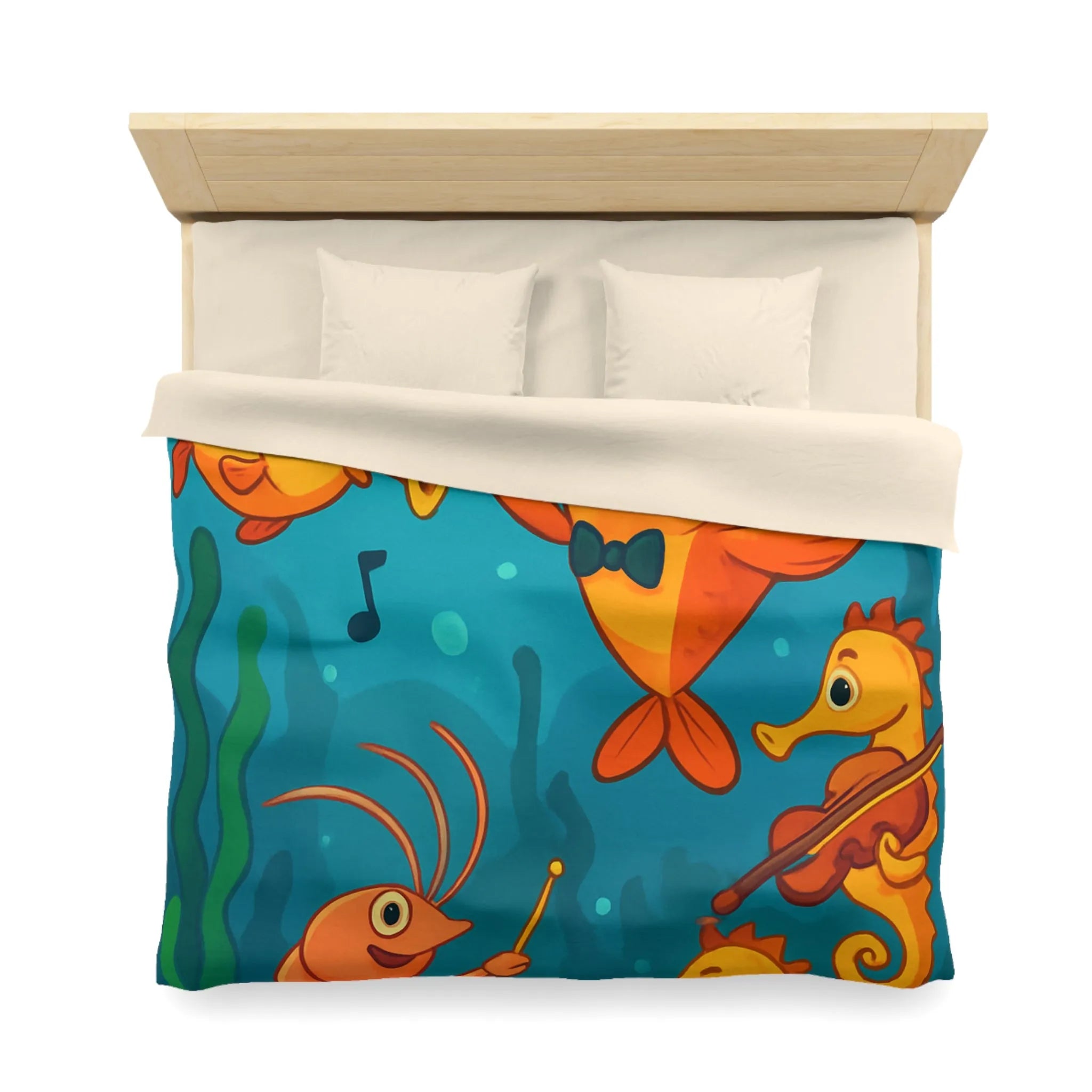 Housse de couette ludique pour enfants avec orchestre sous-marin de poissons et hippocampes