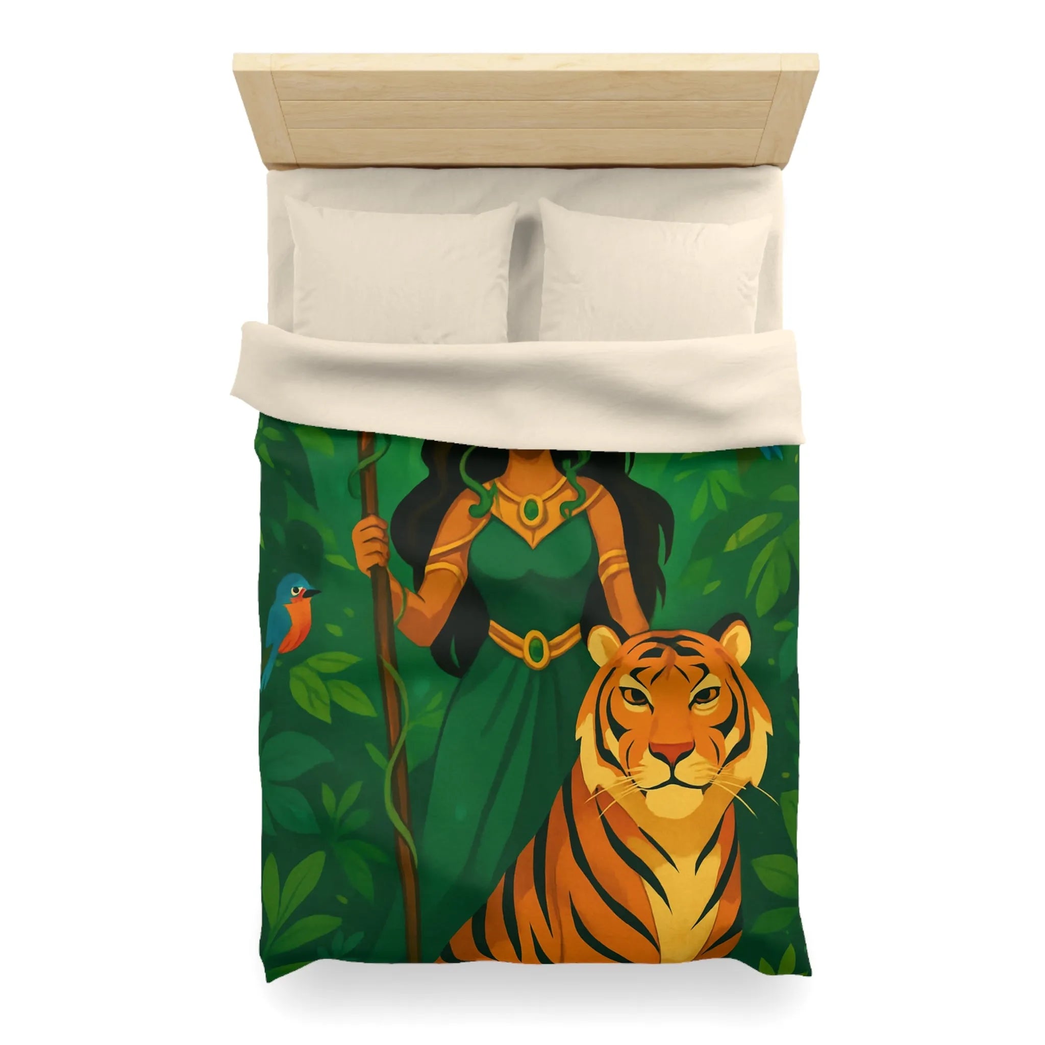 Housse de couette exotique avec tigre royal et gardienne mystique en forêt luxuriante