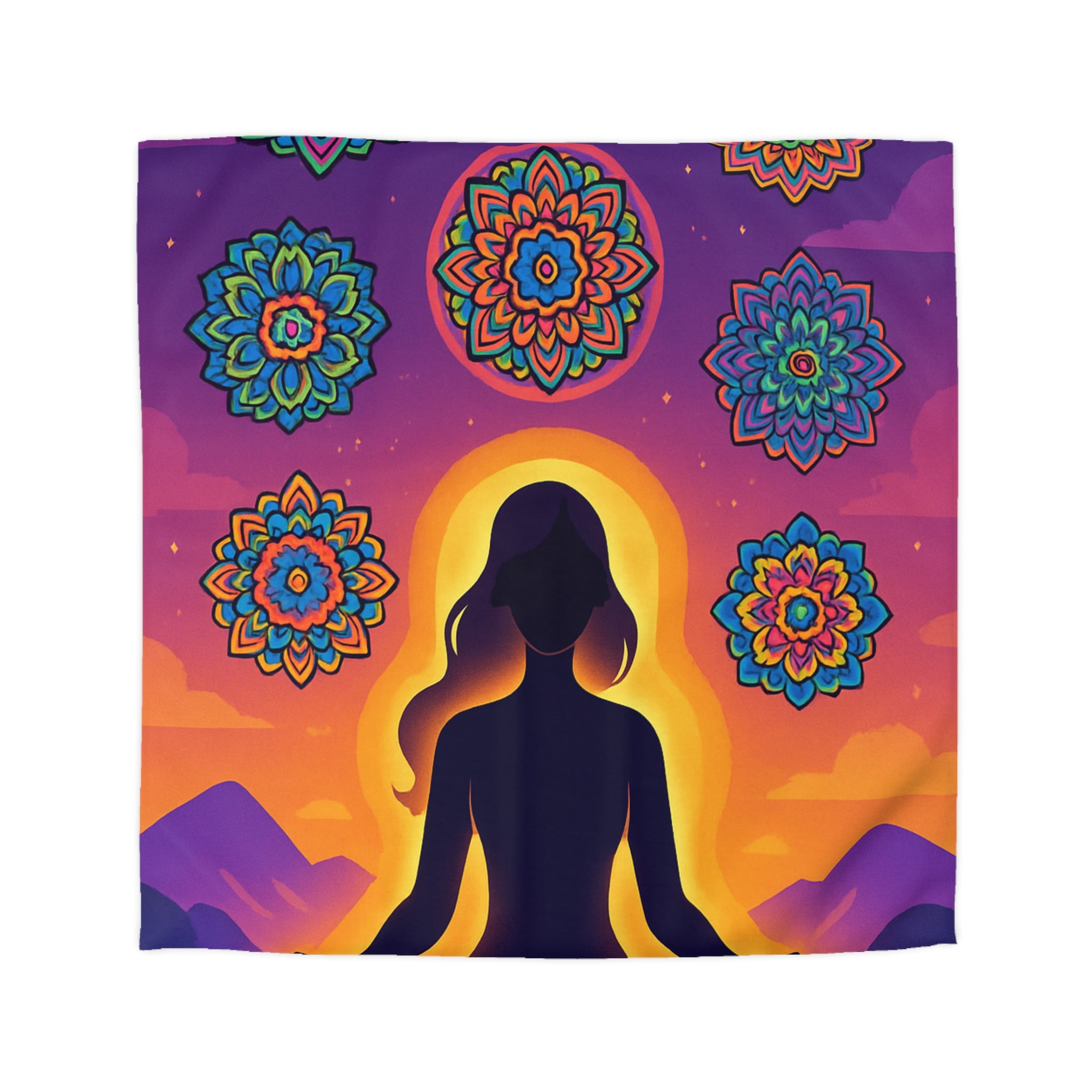 Paisible méditation silhouettée avec mandalas colorés et paysage crépusculaire serein et enchanteur