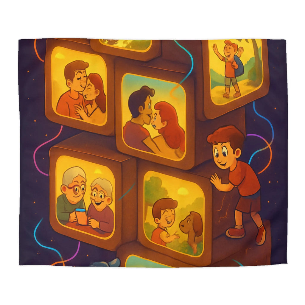 Housse de Couette Illustrée avec Scènes de Famille et Couleurs Chaudes, Ambiance Rétro