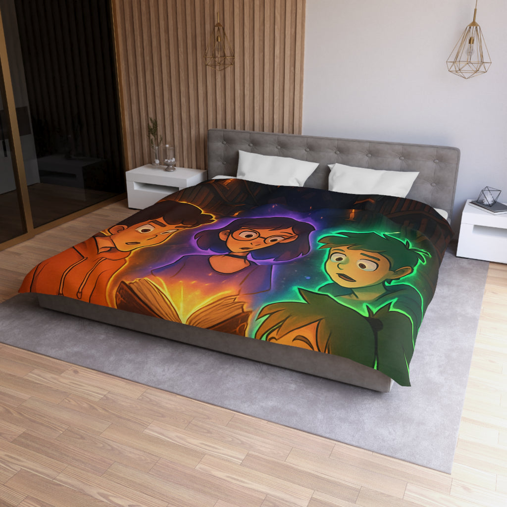 Housse de Couette Mystérieuse avec Enfants Découvrant Livre Magique dans Bibliothèque Enchantée