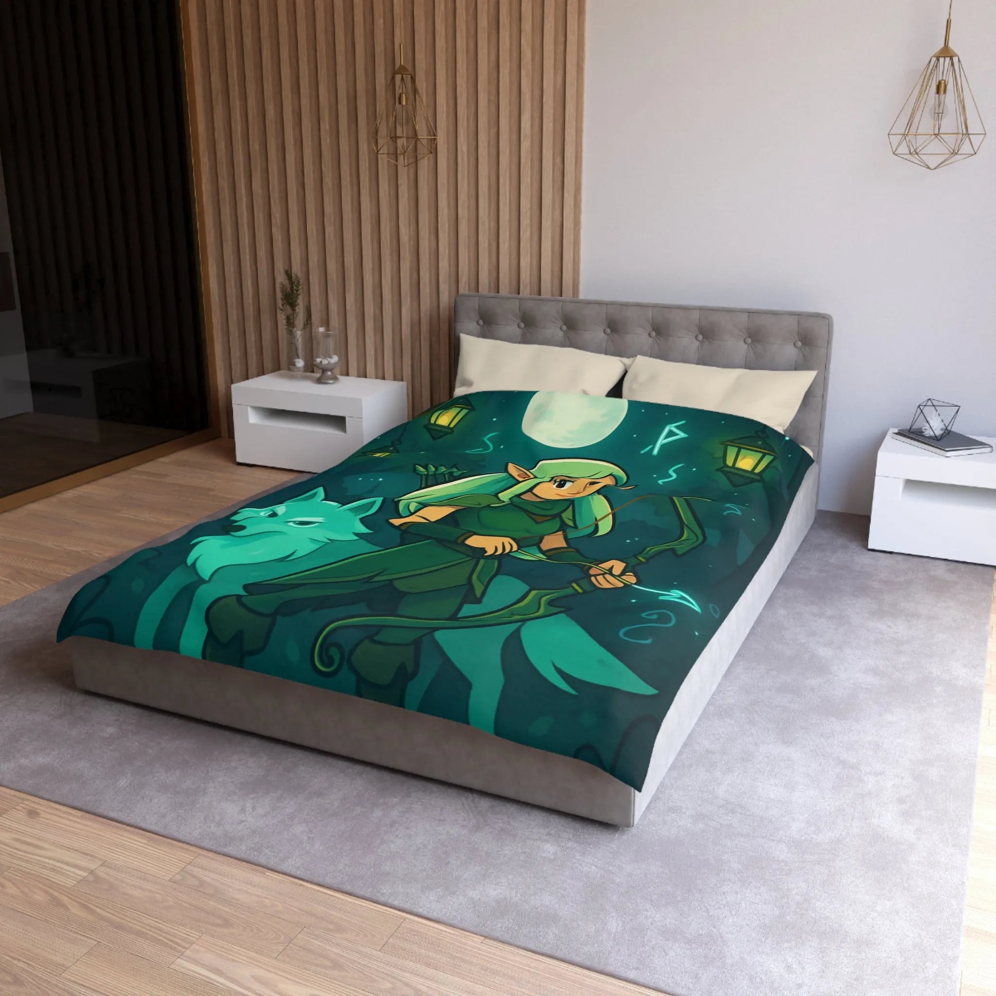 Housse de couette elfe archère et loup sous lune magique dans forêt mystérieuse