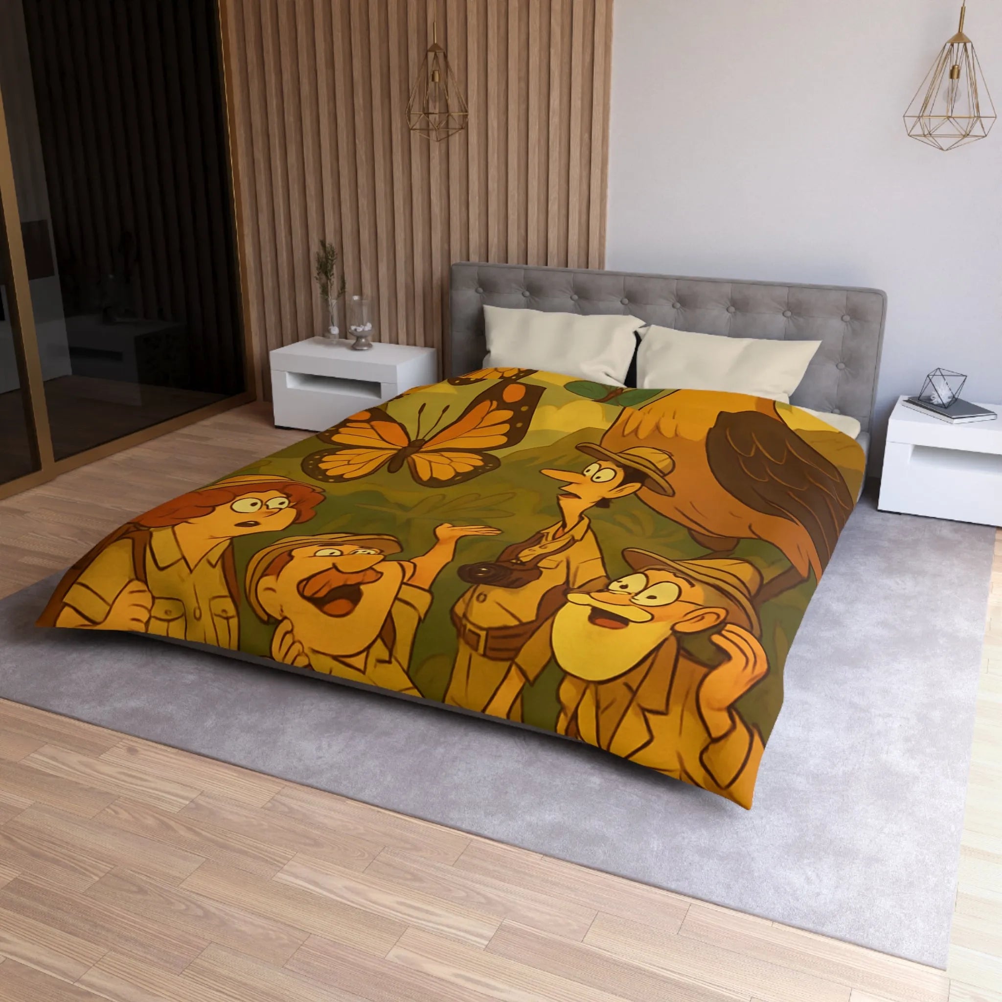 Housse de couette avec scène aventure jungle, explorateurs et faune tropicale colorée