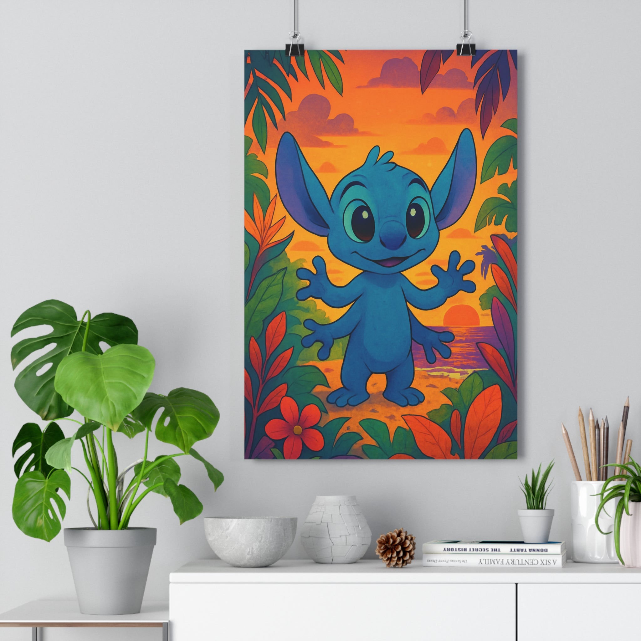 Poster décoratif cartoon vibrant bleu orange chambre enfant joyeux coloré exotique intergalactique créature amicale