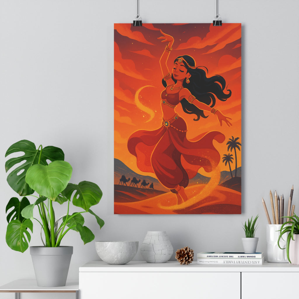 Poster décoratif danseuse désert rouge doré cartoon exotique salon chambre ambiance chaleureuse artistique élégance