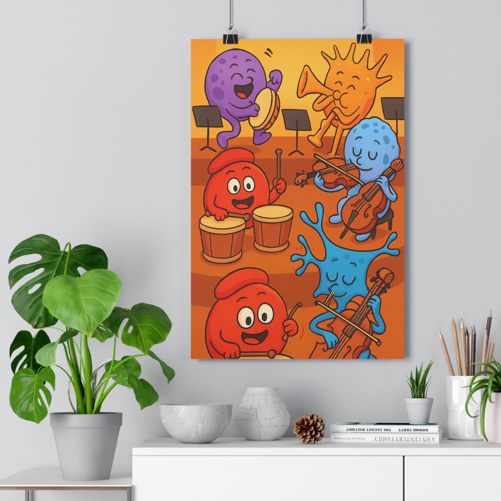 Poster décoratif animé joyeux coloré violet rouge orange musique chambre salon vibrant unique qualité