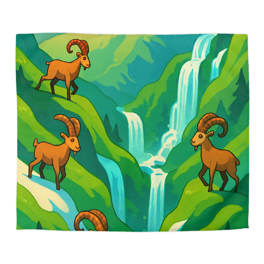 Housse de couette montagneuse avec bouquetins et cascades pour chambre paisible