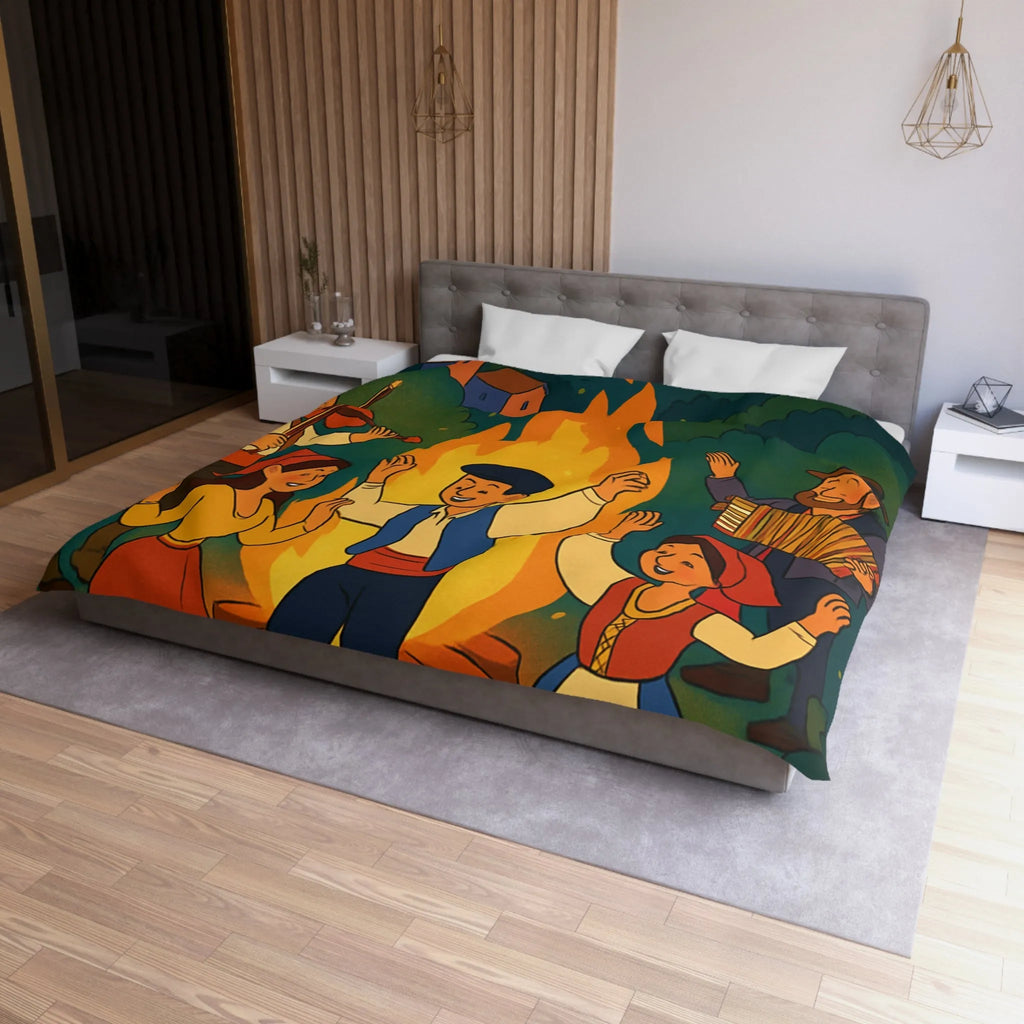 Housse de couette colorée danse folklorique autour du feu avec musiciens traditionnels