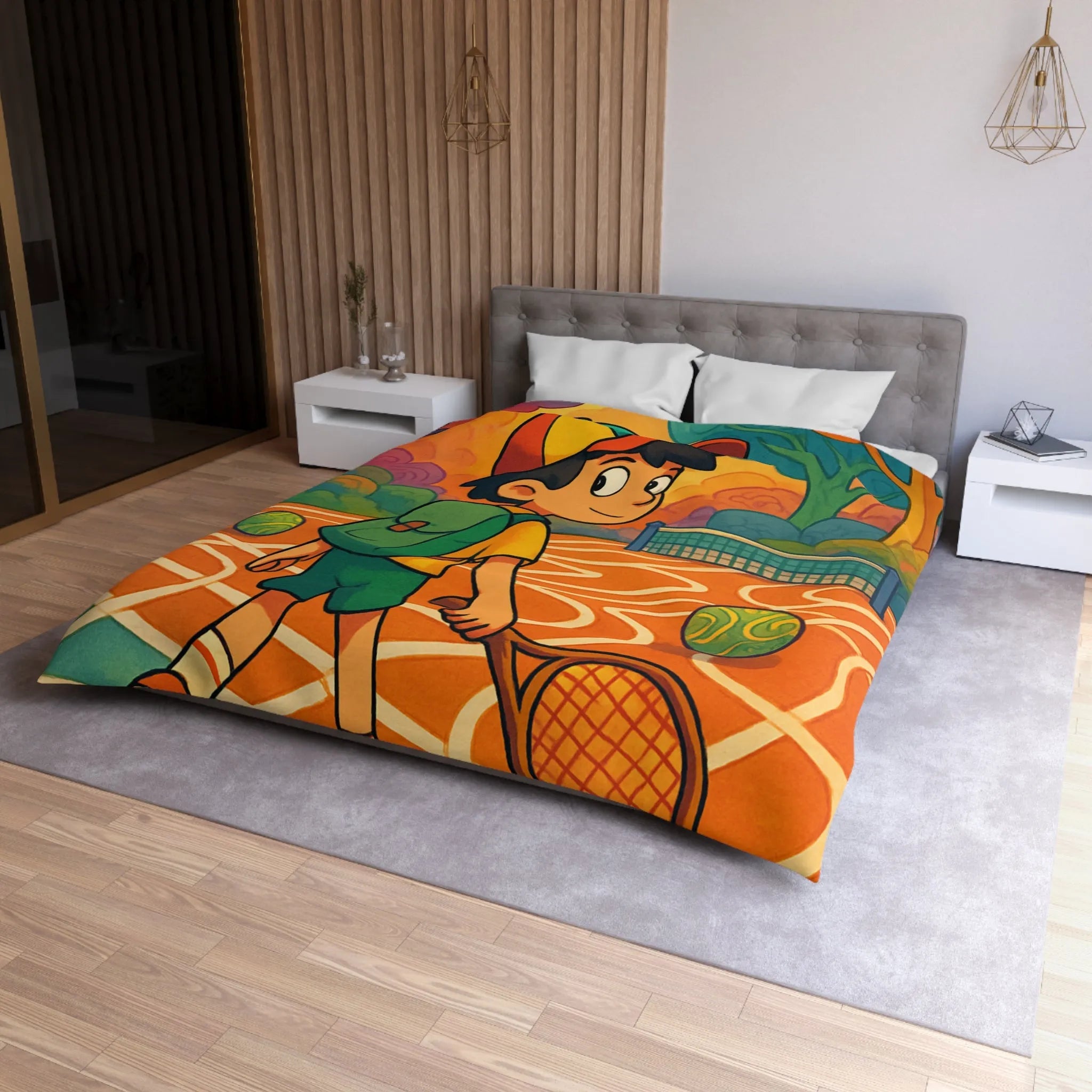 Housse de couette enfant avec motif joueur de tennis dans parc coloré joyeux