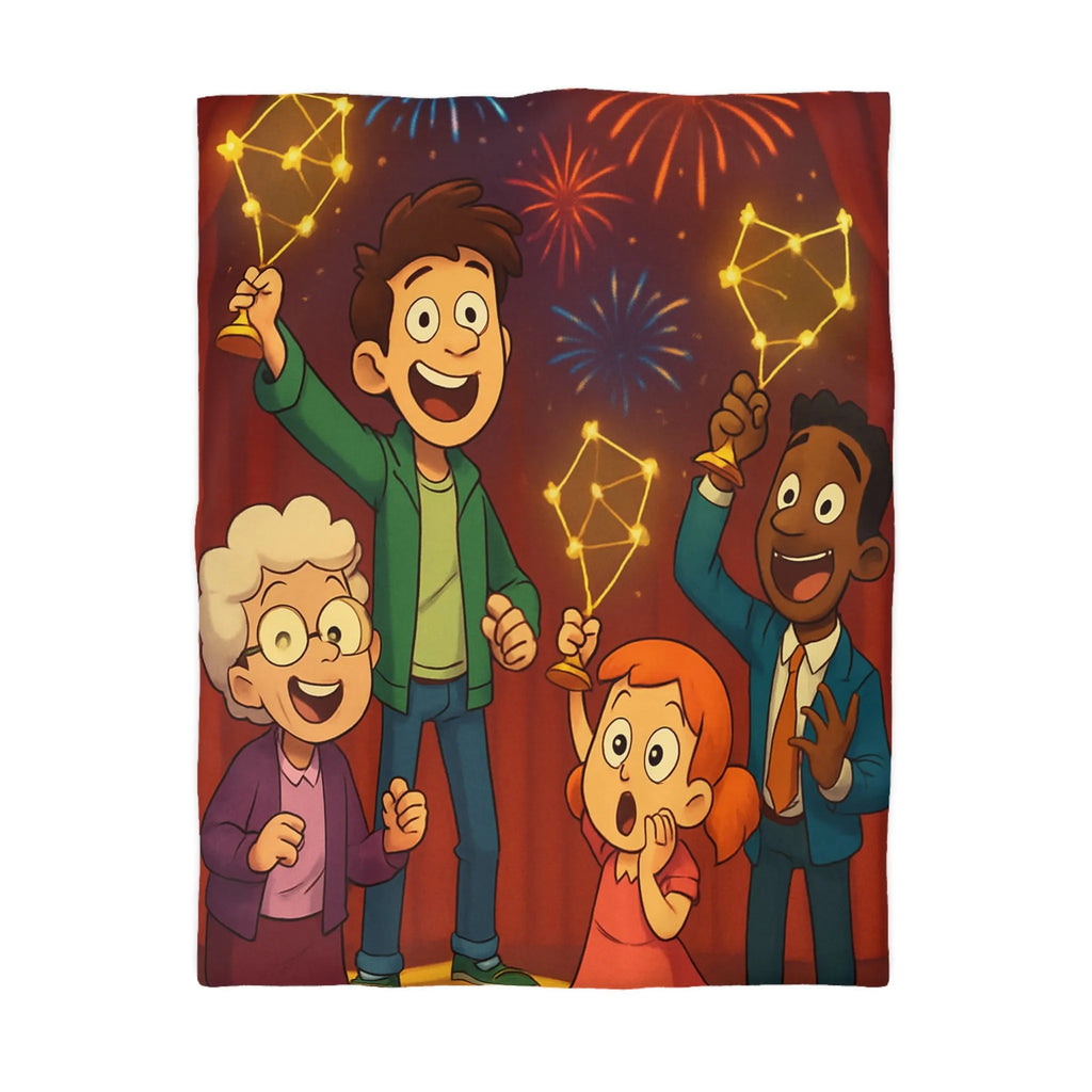 Housse de couette colorée enfants avec feux d'artifice et personnages dessin animé joyeux