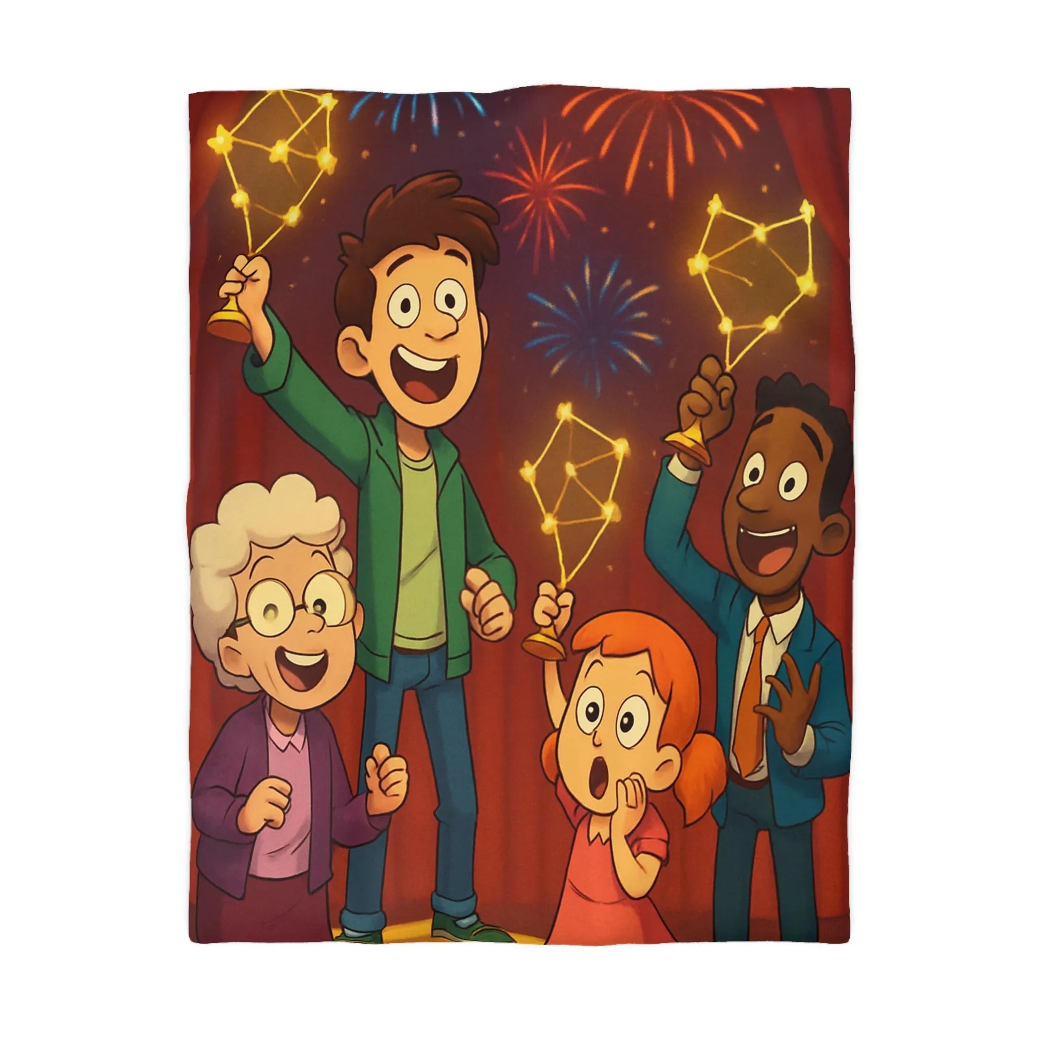 Housse de couette colorée enfants avec feux d'artifice et personnages dessin animé joyeux