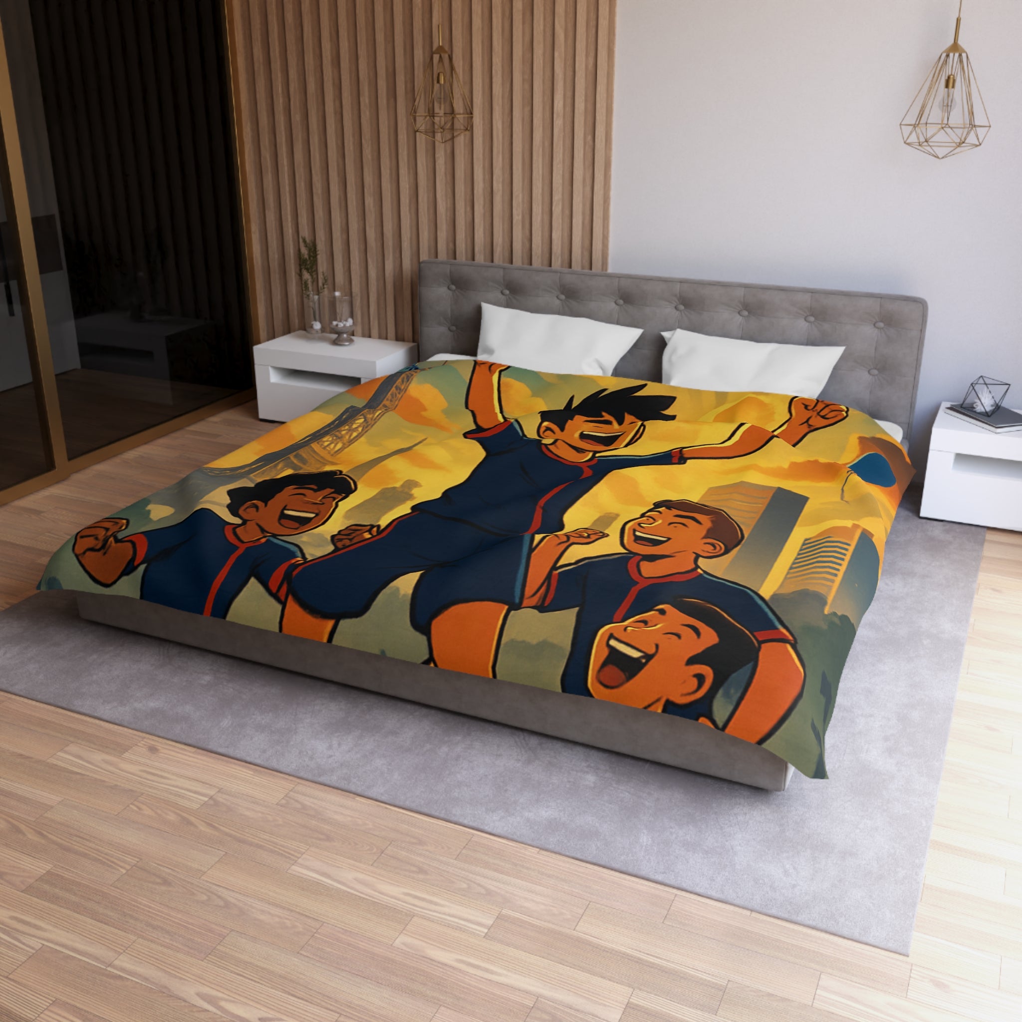 Housse de couette pour enfants avec footballeurs enthousiastes devant paysage urbain en coucher de soleil