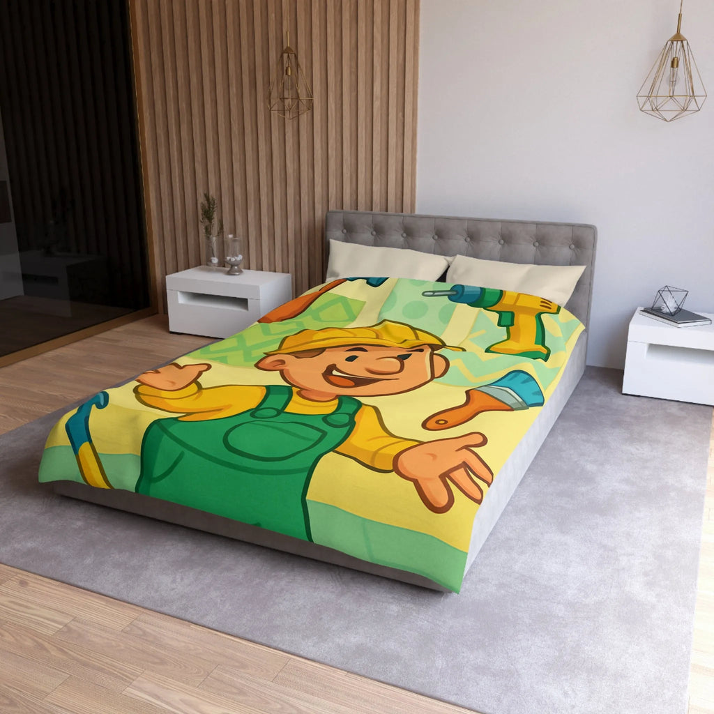 Housse de couette joyeuse pour enfants avec outils de bricolage et personnage souriant