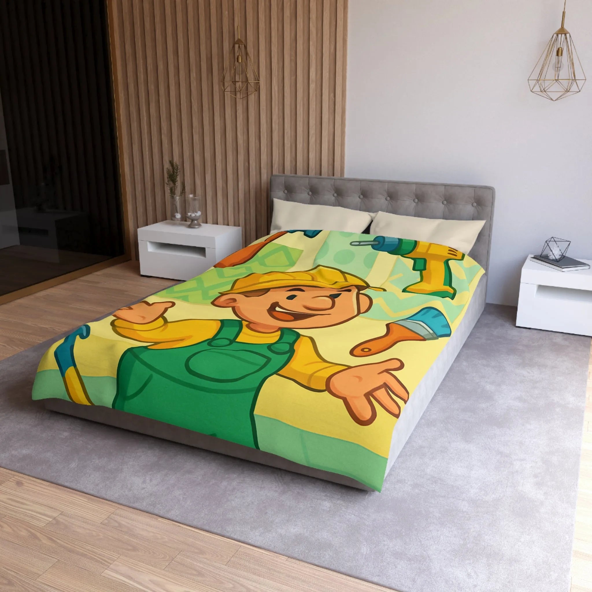 Housse de couette joyeuse pour enfants avec outils de bricolage et personnage souriant