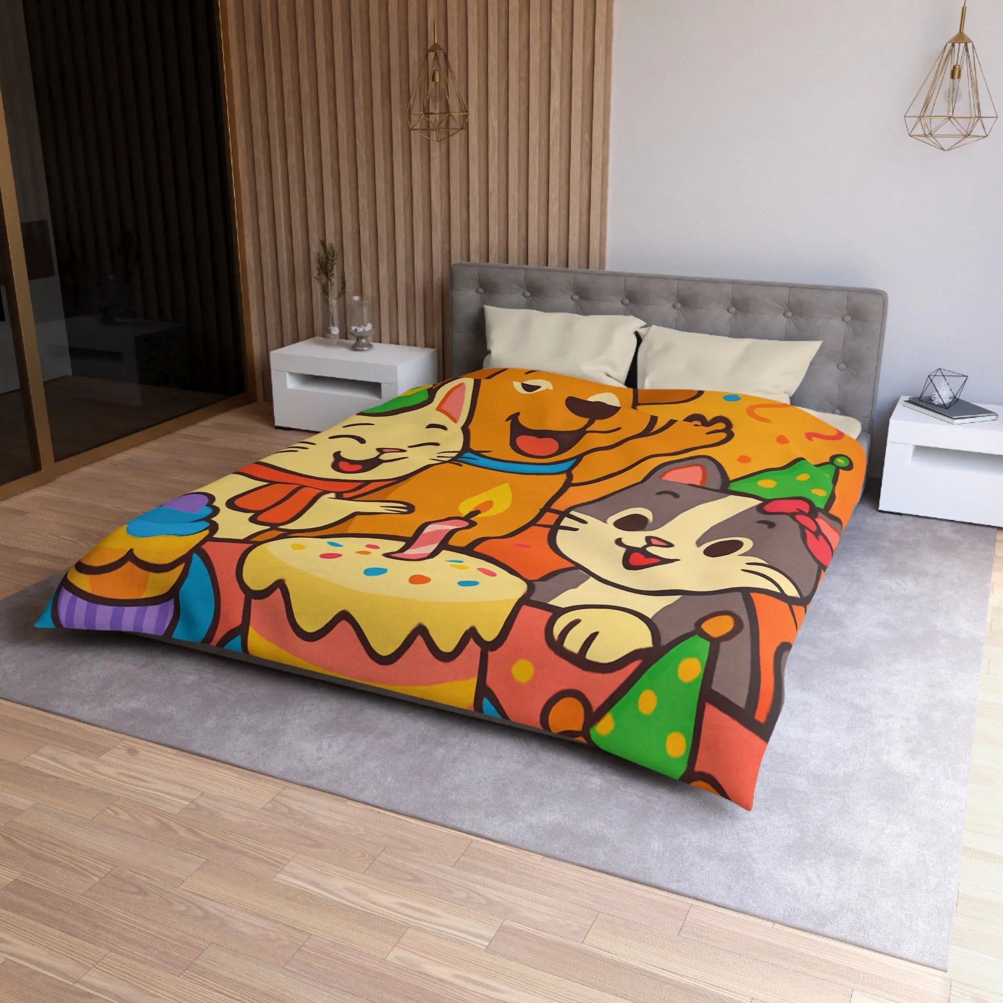 Housse de couette joyeuse et colorée avec animaux en fête pour chambre d'enfant