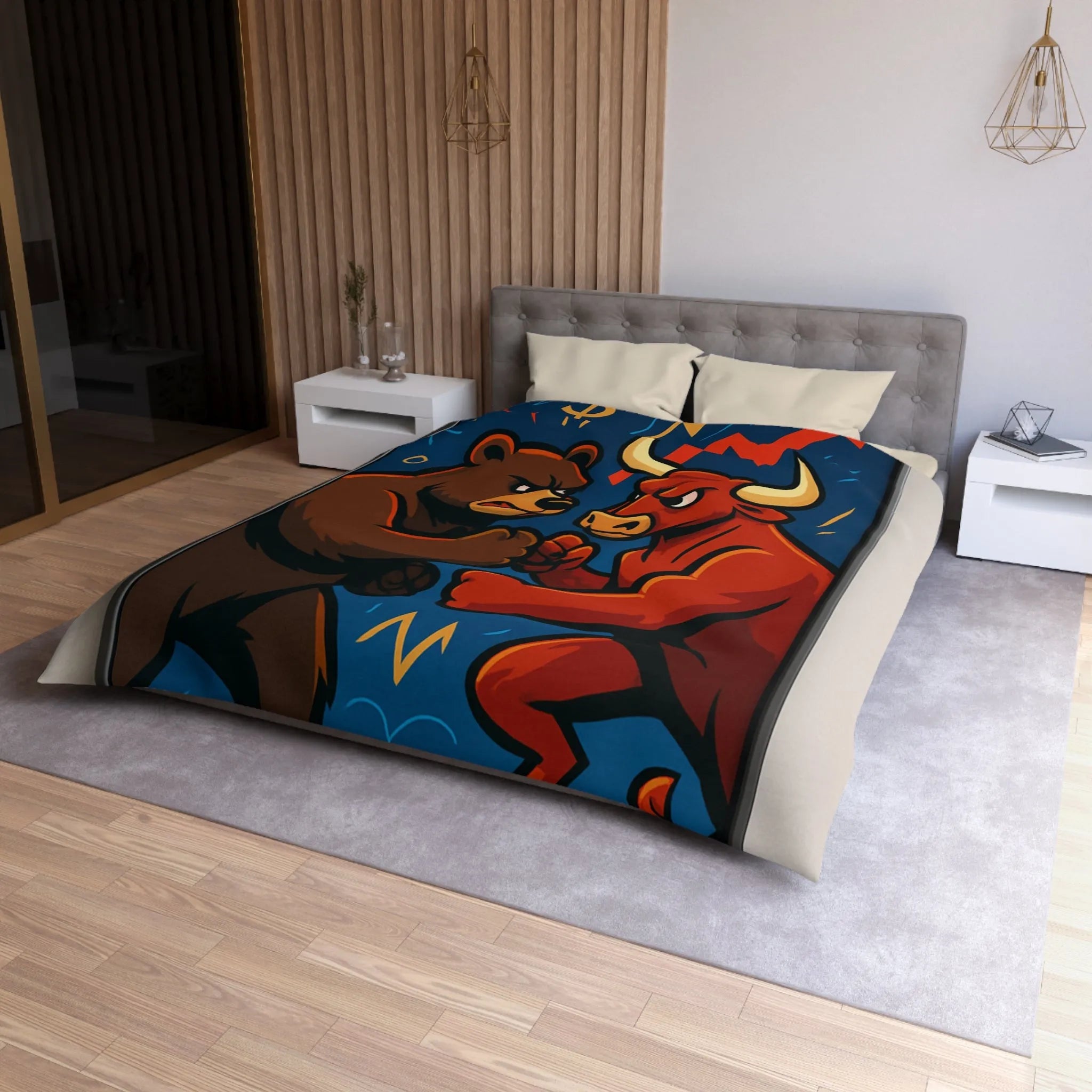 Housse de couette avec motif taureau et ours symbolisant les tendances du marché boursier