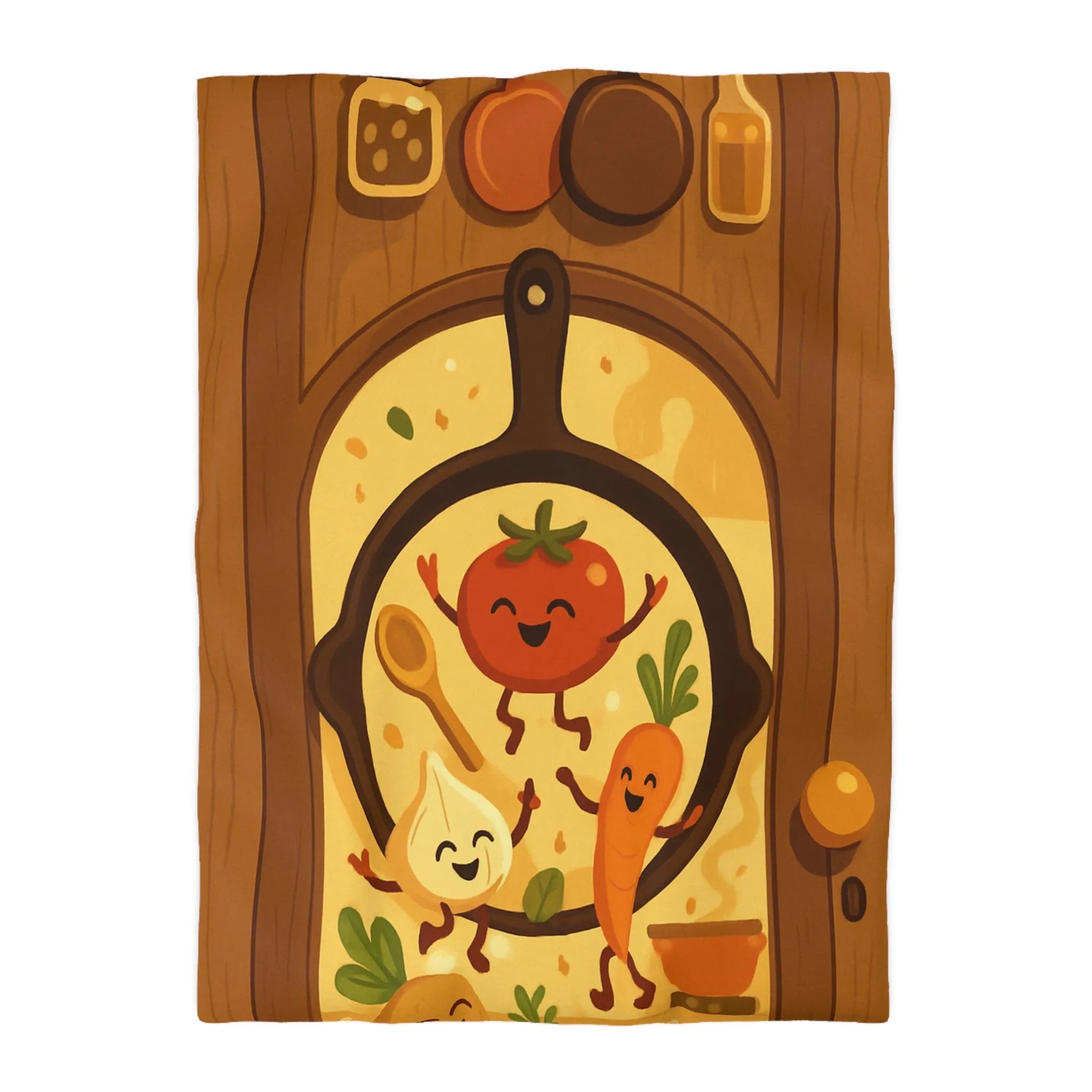 Housse de couette joyeuse avec légumes dans une poêle ambiance cuisine chaleureuse