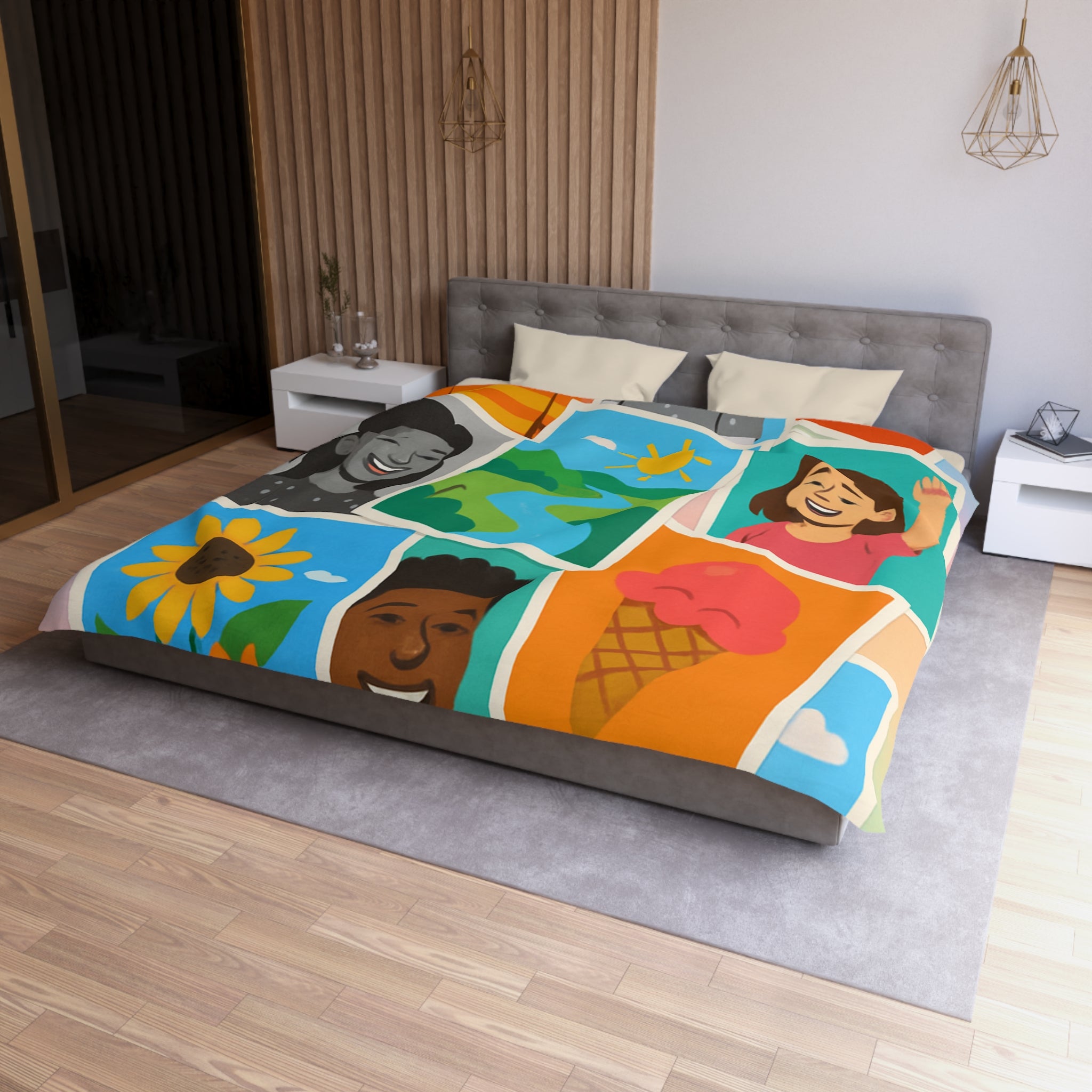 Vibrante housse de couette colorée avec portraits joyeux et paysages ensoleillés pour chambre