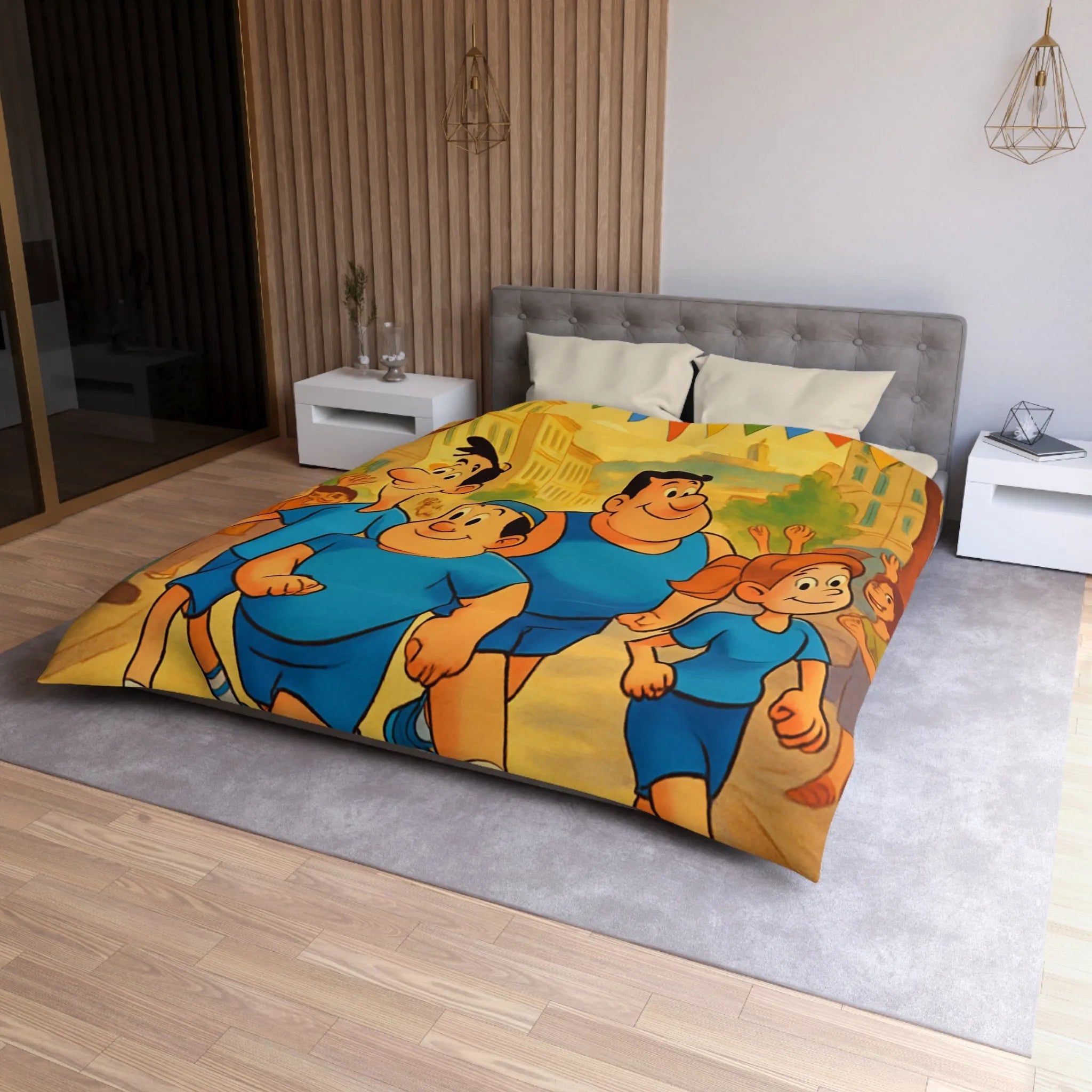 Housse de couette colorée avec personnages marchant joyeusement dans une rue animée