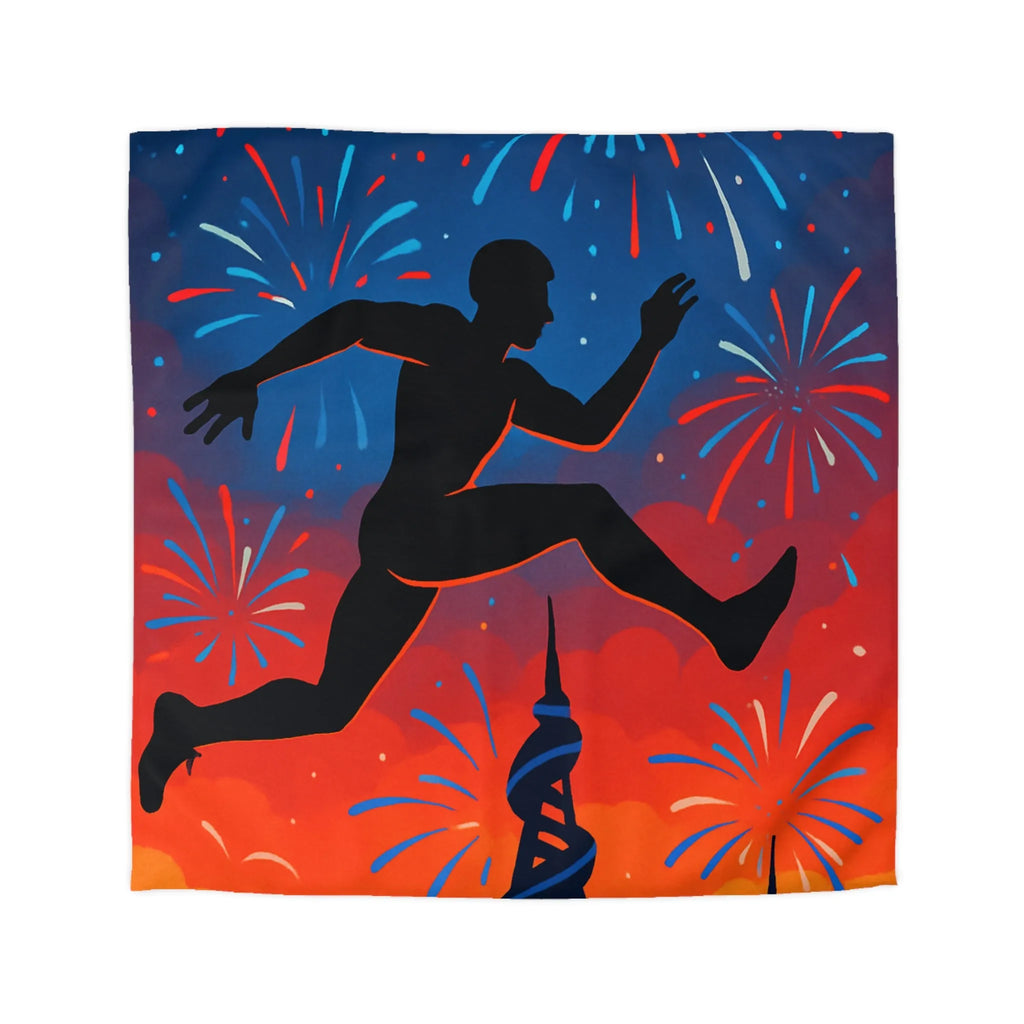 Housse de couette avec silhouette sportive et feux d'artifice, ambiance nocturne colorée