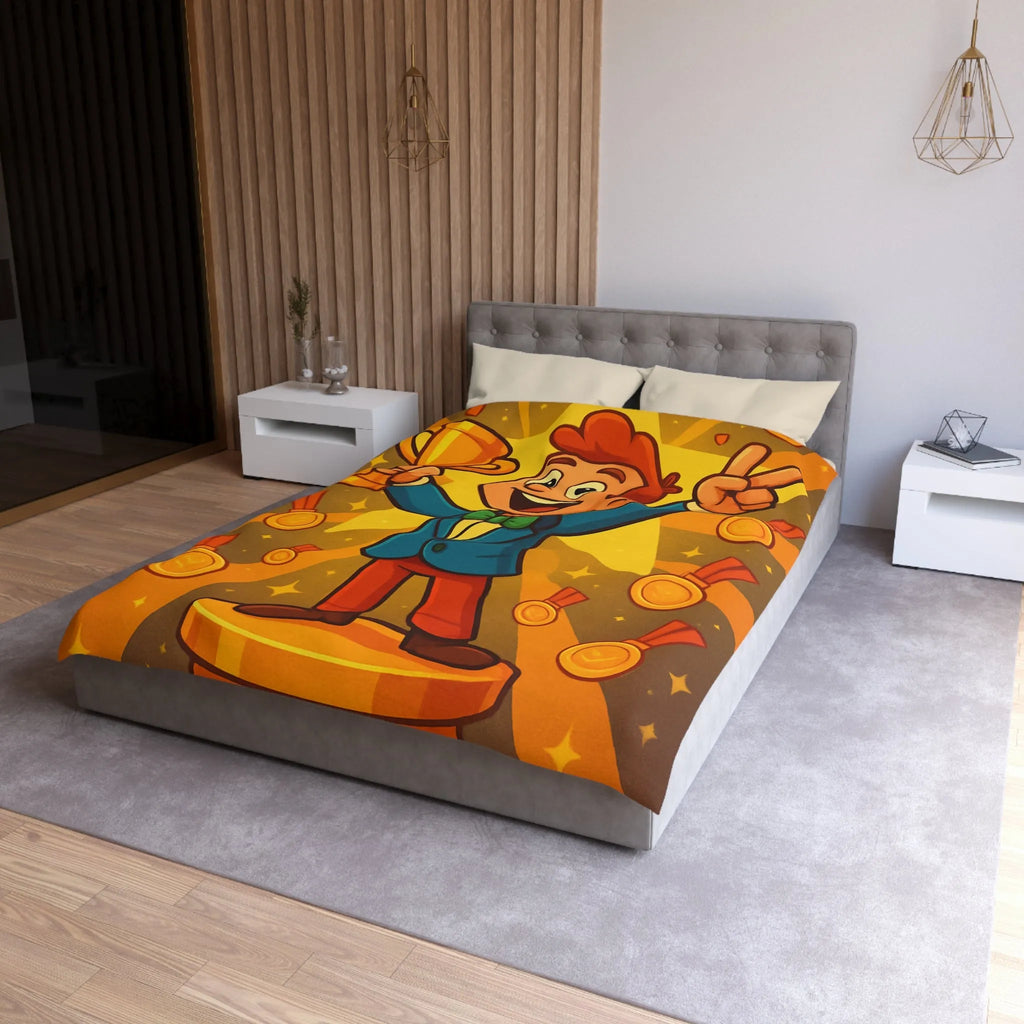 Housse de Couette Enfant avec Illustration Jeune Champion Débordant de Joie et Médailles