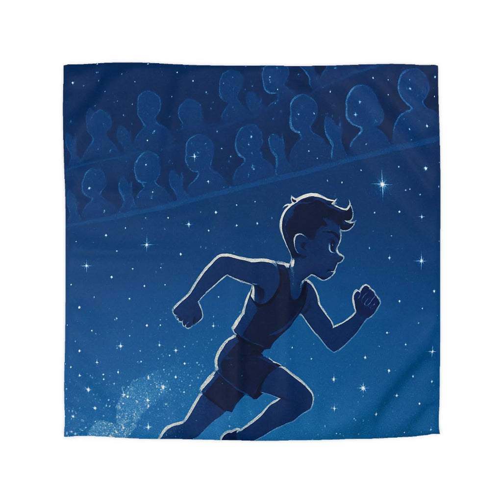 Housse de couette bleue nuit avec silhouette d'enfant courant sous ciel étoilé