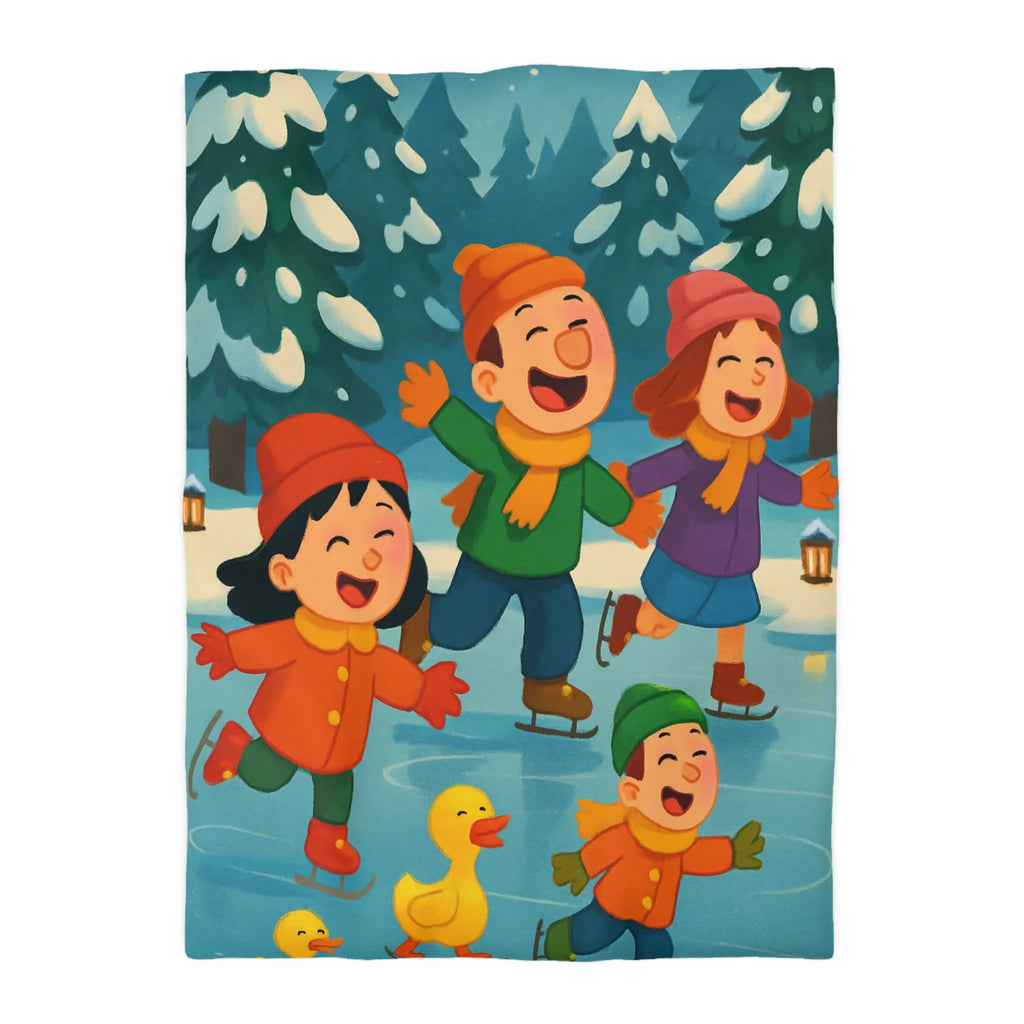 Housse de couette hiver joyeuse avec enfants et petits canards patinant sur glace