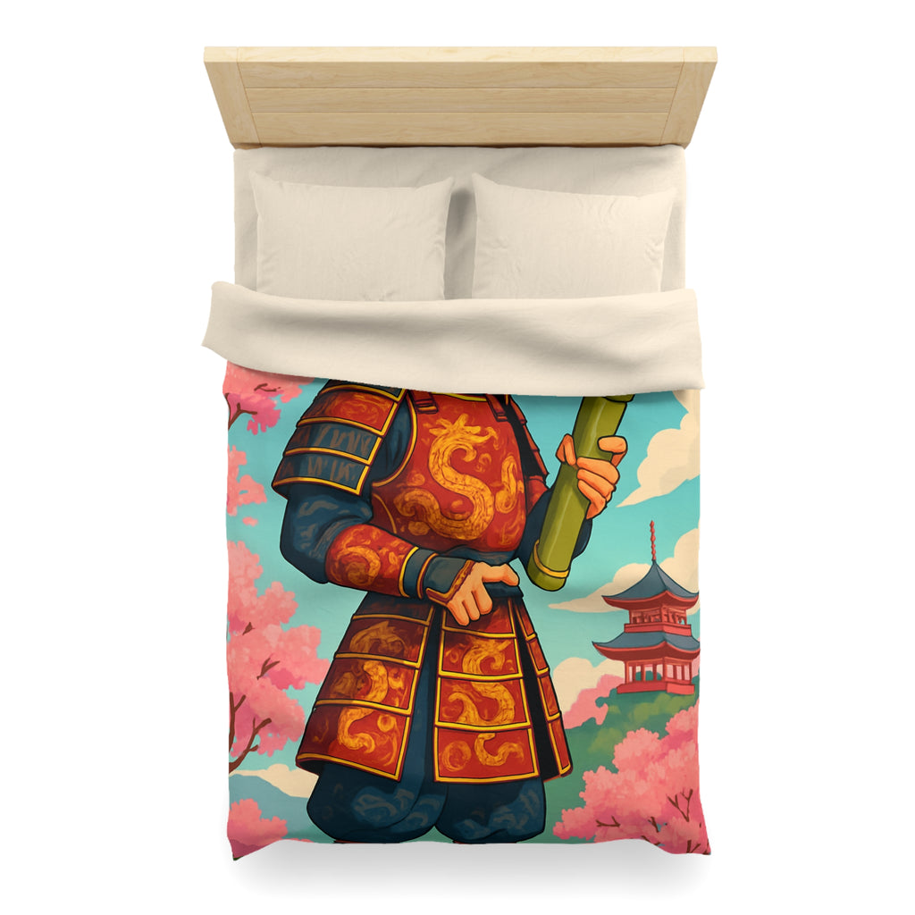Housse de Couette Samouraï Japonais avec Armure Traditionnelle et Cerisiers en Fleurs