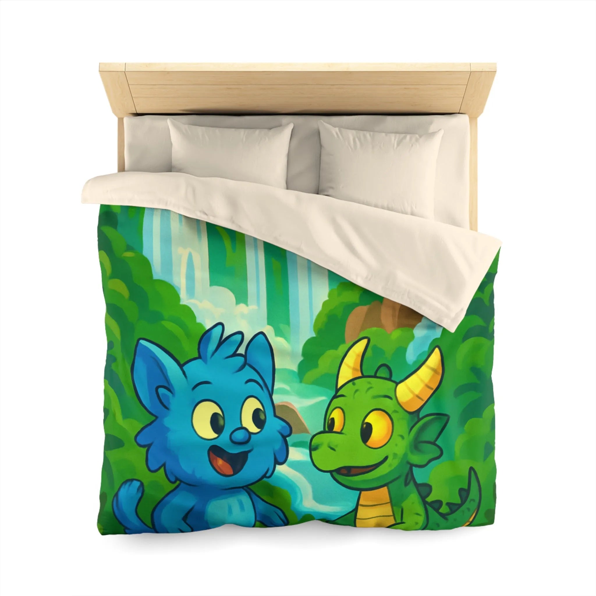 Housse de Couette Fantaisie Enfants Avec Animaux et Paysage Magique Coloré Vert et Bleu