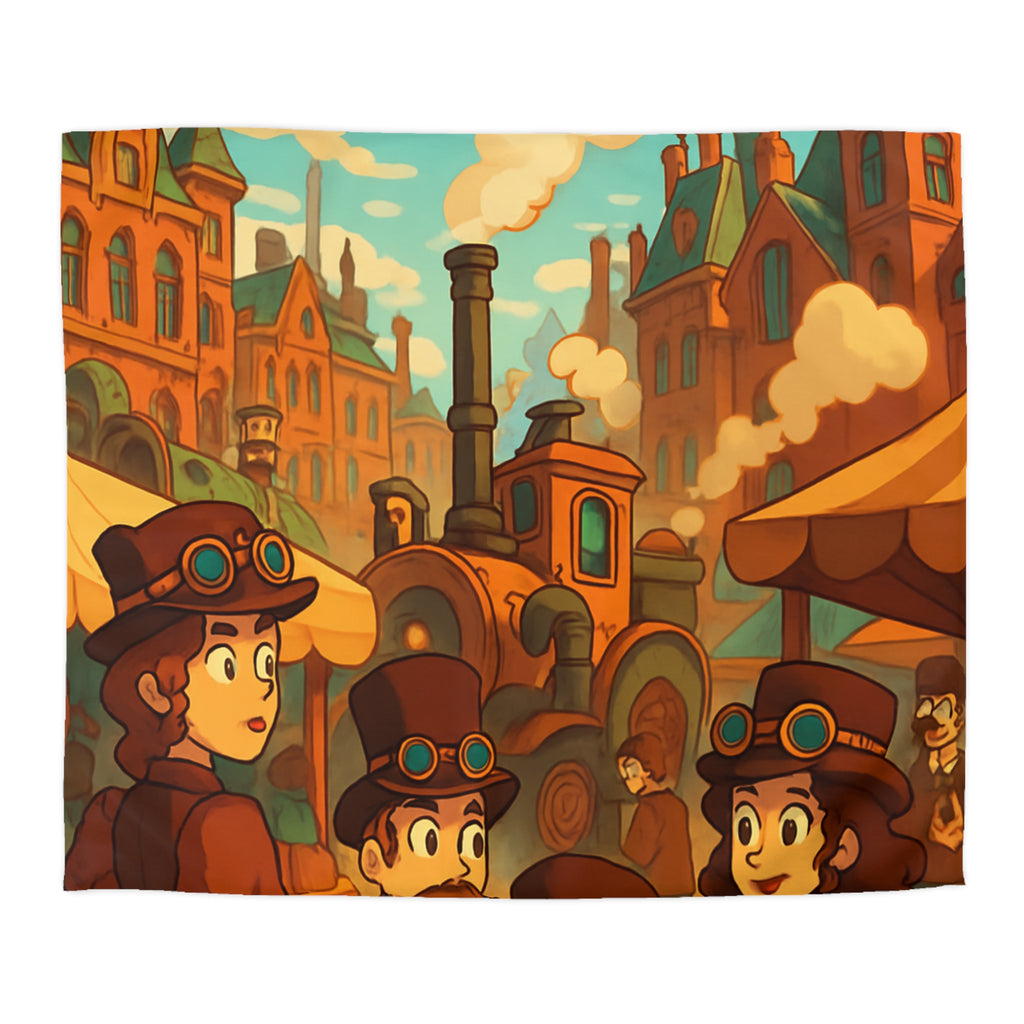 Housse de couette steampunk rétro avec famille, dirigeables et ville victorienne animée