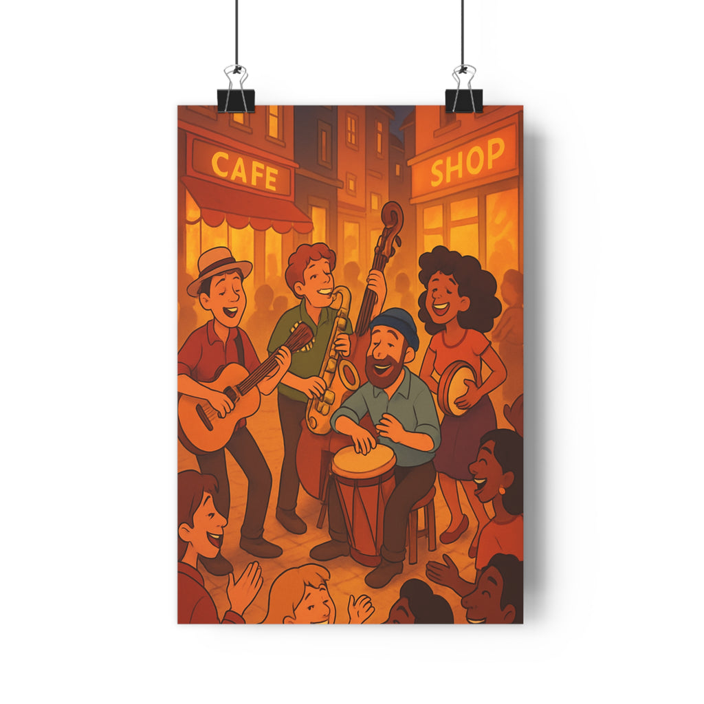 Poster décoratif cartoon couleurs chaudes orange rouge ambiance joyeuse salon musique animation dynamique original